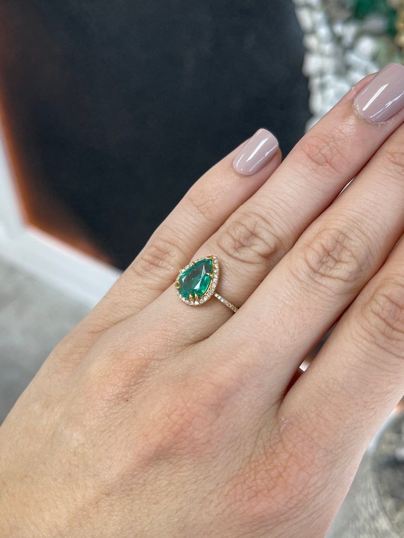 2.23tcw 14K Gold Pear Cut Emerald & Diamond Halo Engagement Ring - Dark Bluish Green Gemstone for Wedding, Proposal & Anniversary Gifts
