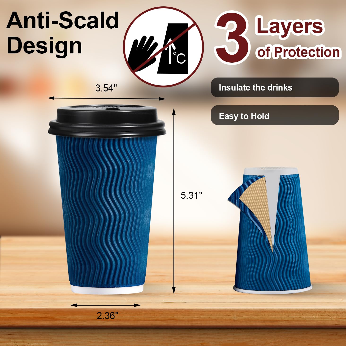 Lamosi 16 oz Disposable Coffee Cups with Lids - 50 Pack Insulated Paper To-Go Cups for Hot Beverages, Corrugated Ripple Wall Design (Blue) - Perfect for Coffee Shops, Offices, and Home Use