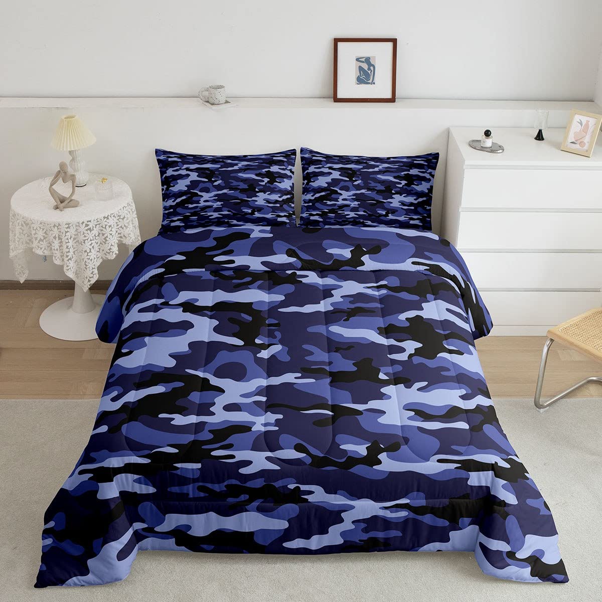 Army Camo Comforter Set Twin Size - 2pc Dark Blue Camouflage Bedding for Kids, Boys & Teens | Modern Abstract Quilt & Duvet Insert with Pillowcase | Perfect for Military-Themed Bedrooms, Dorm Rooms & Adventure Decor