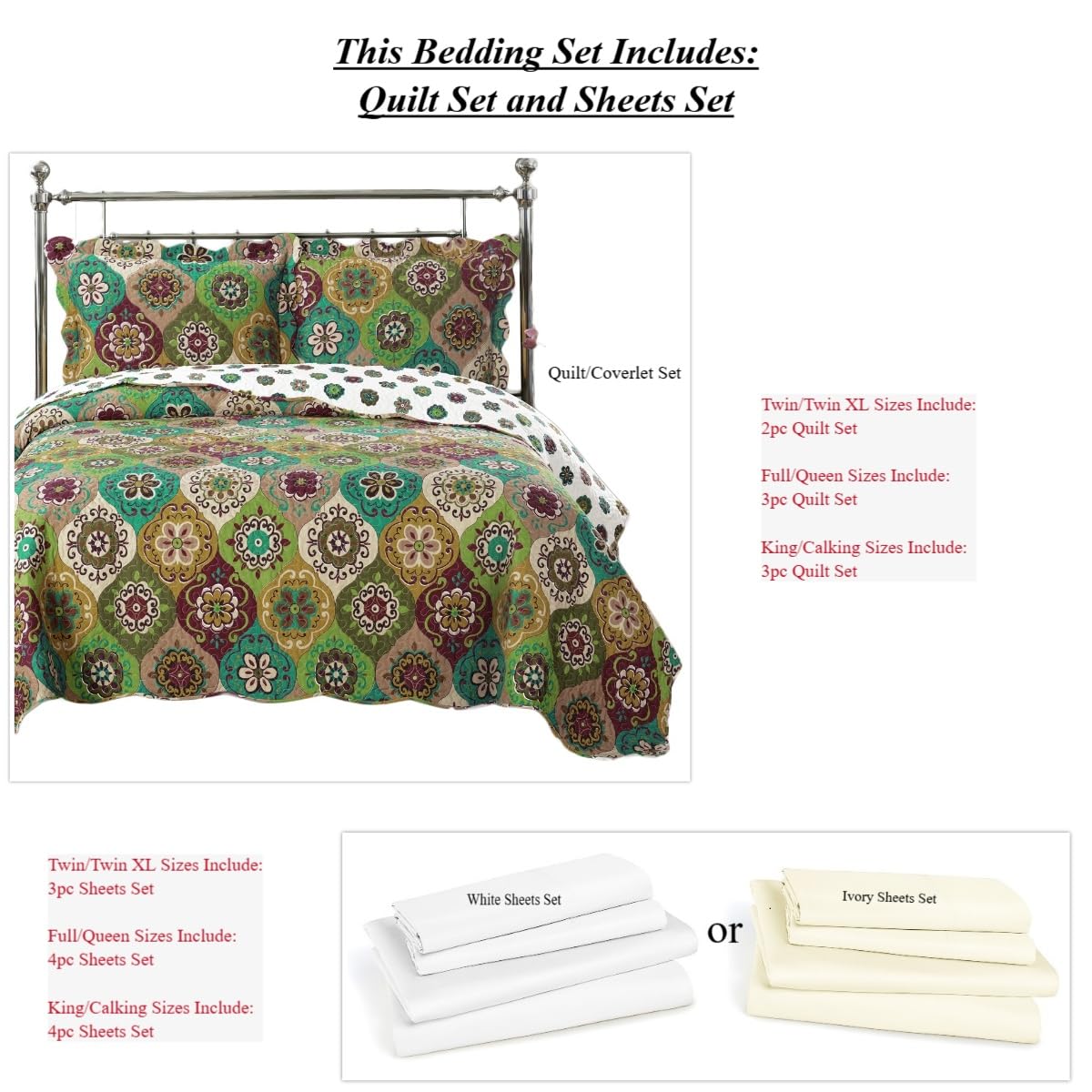 7-Piece Full Size Bedspread Set - Bonnie Printed Quilted Wrinkle-Free Microfiber Bedding - Includes 3-Piece Coverlet Set & 4-Piece Sheet Set - Perfect for Guest Rooms, Dorms & Cozy Bedroom Decor