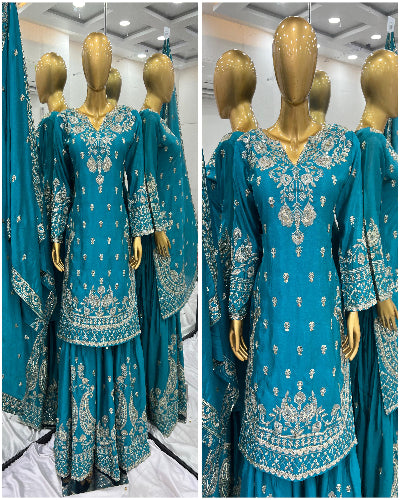 Exquisite Blue Designer Embroidery Sequined Sharara Suit Set for Women - Perfect for Weddings, Festivals & Special Occasions