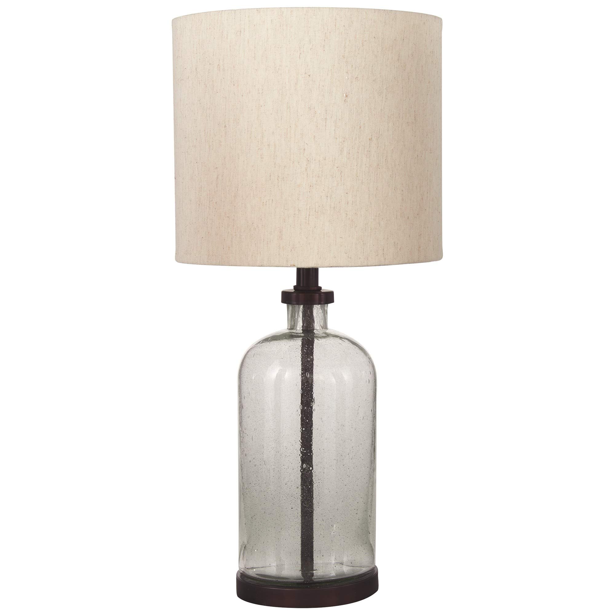 Benjara Cylindrical Seeded Glass Table Lamp with Fabric Drum Shade - Beige & Clear Glass Bedside Lamp for Living Room, Bedroom, or Office Decor