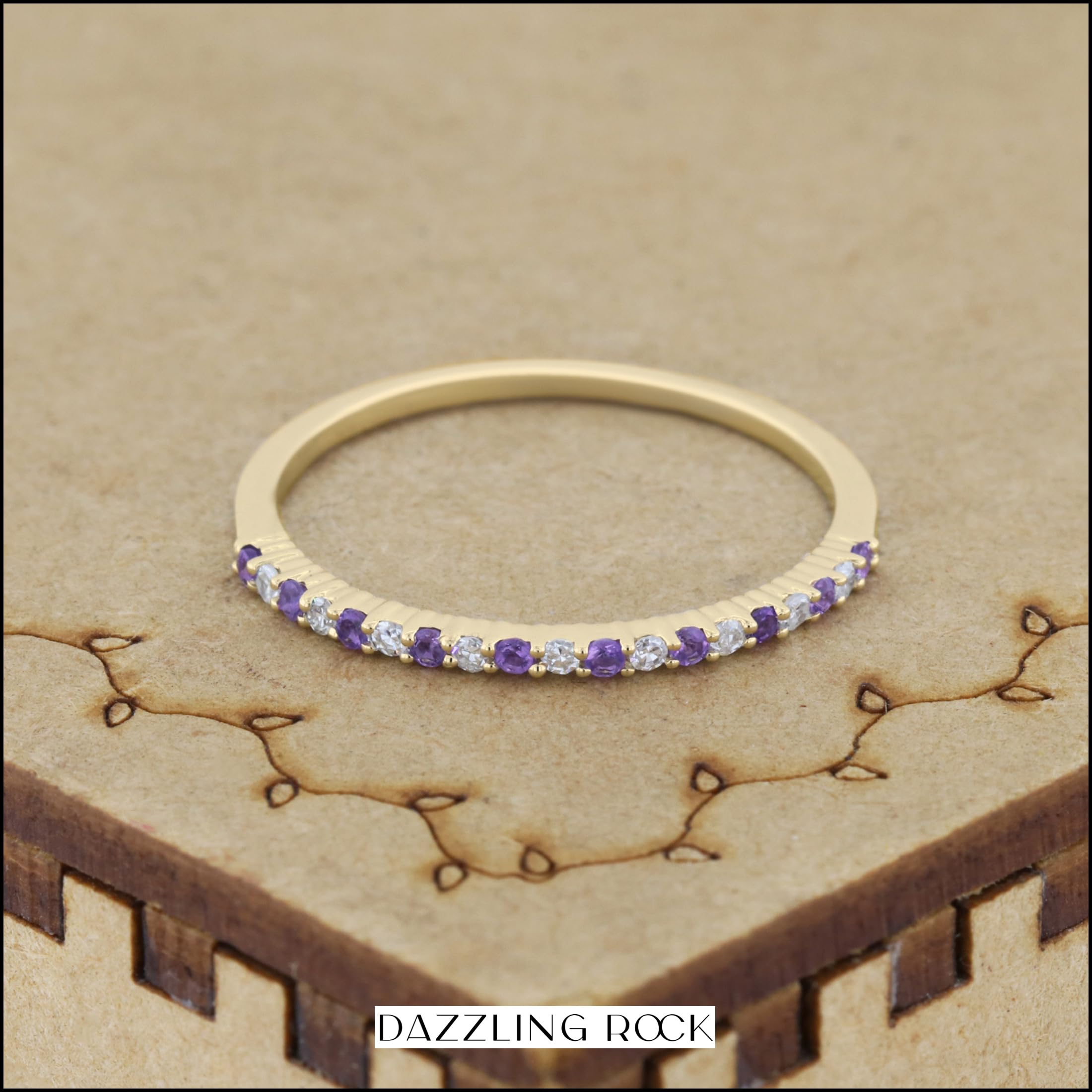 Dazzlingrock 14K Solid Gold Round Amethyst & White Diamond Stackable Wedding Band for Women - Anniversary, Engagement, Promise Ring - Perfect for Bridal Jewelry, Gift Giving & Special Occasions