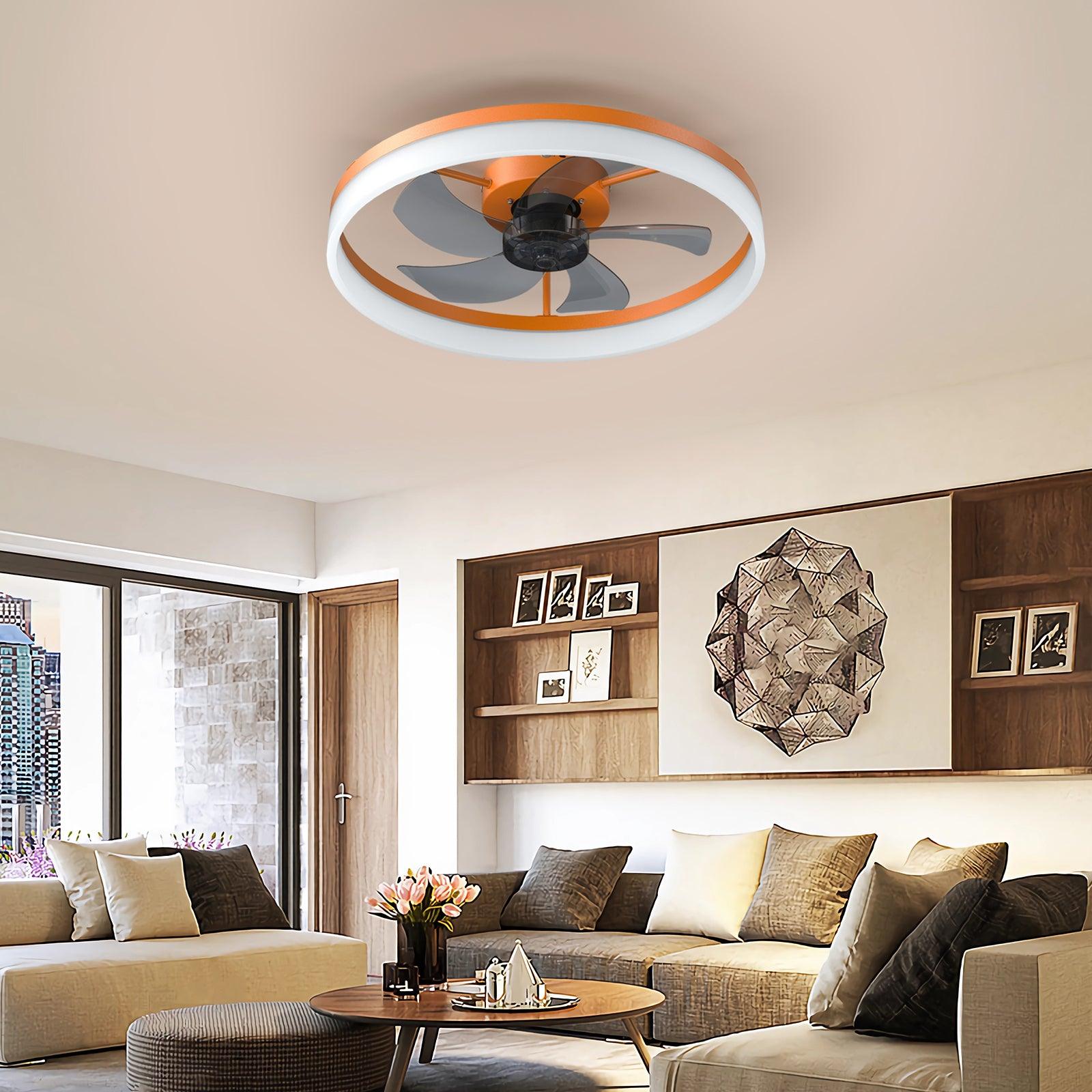 Modern Ceiling Fan with Dimmable LED Lights - Ultra Thin Design, Easy Embedded Installation (Orange) - Perfect for Living Room, Bedroom, and Home Office Cooling & Lighting