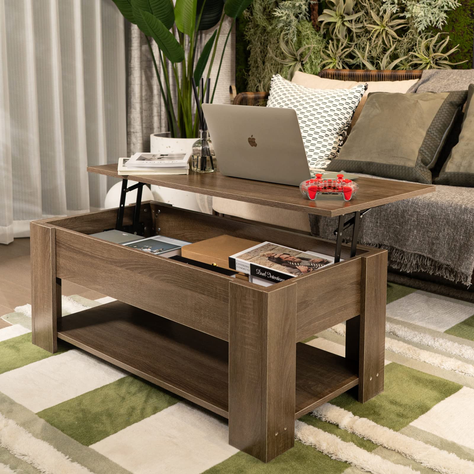 Vagowin Lift Top Coffee Table with Hidden Storage - Solid Wood Rising Tabletop for Living Room, Sofa, Bedroom - Dark Grey Modern Lift-Top Design with Large Compartment for Remote, Books & Home Decor