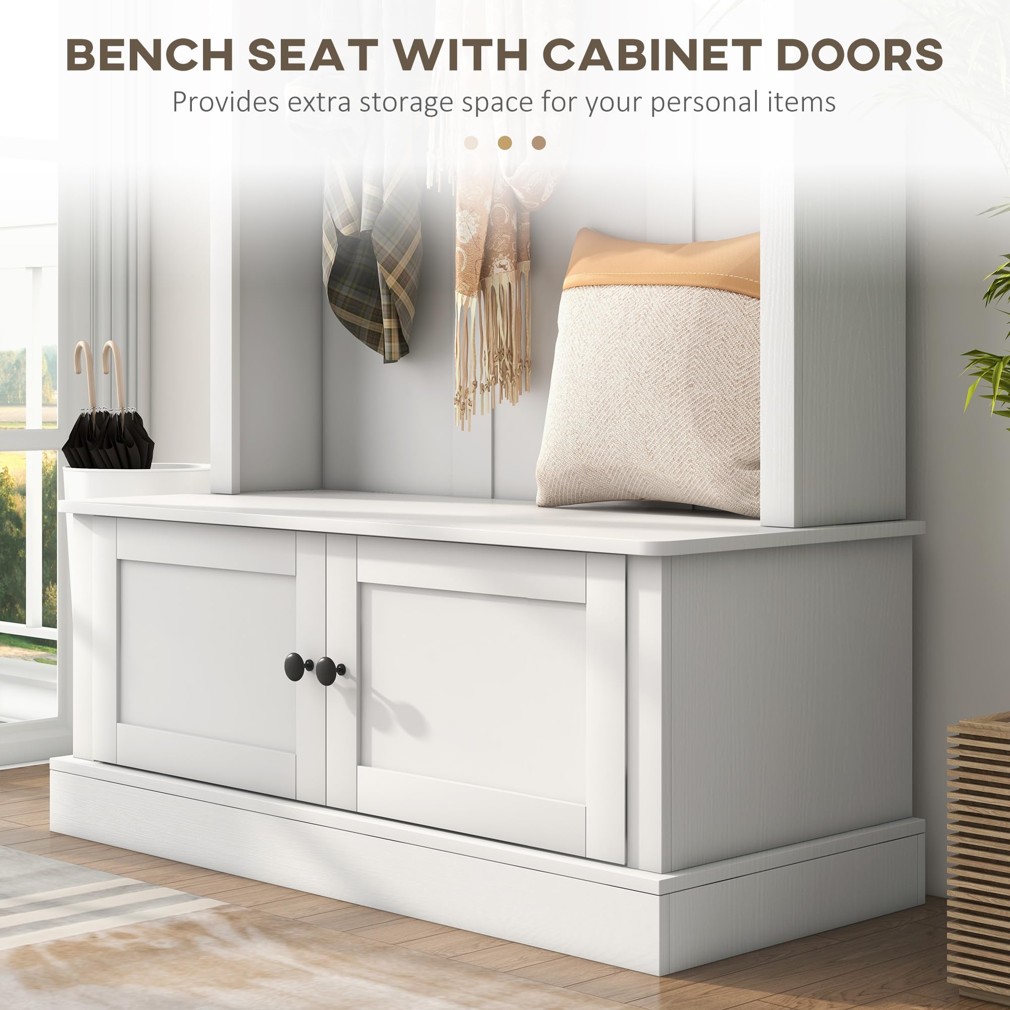 HOMCOM 42 Inch 3-in-1 Entryway Hall Tree with Storage Bench, Coat Rack with 6 Hooks, Shoe Organizer and Top Shelf - White | Perfect for Mudroom, Foyer & Entryway Organization