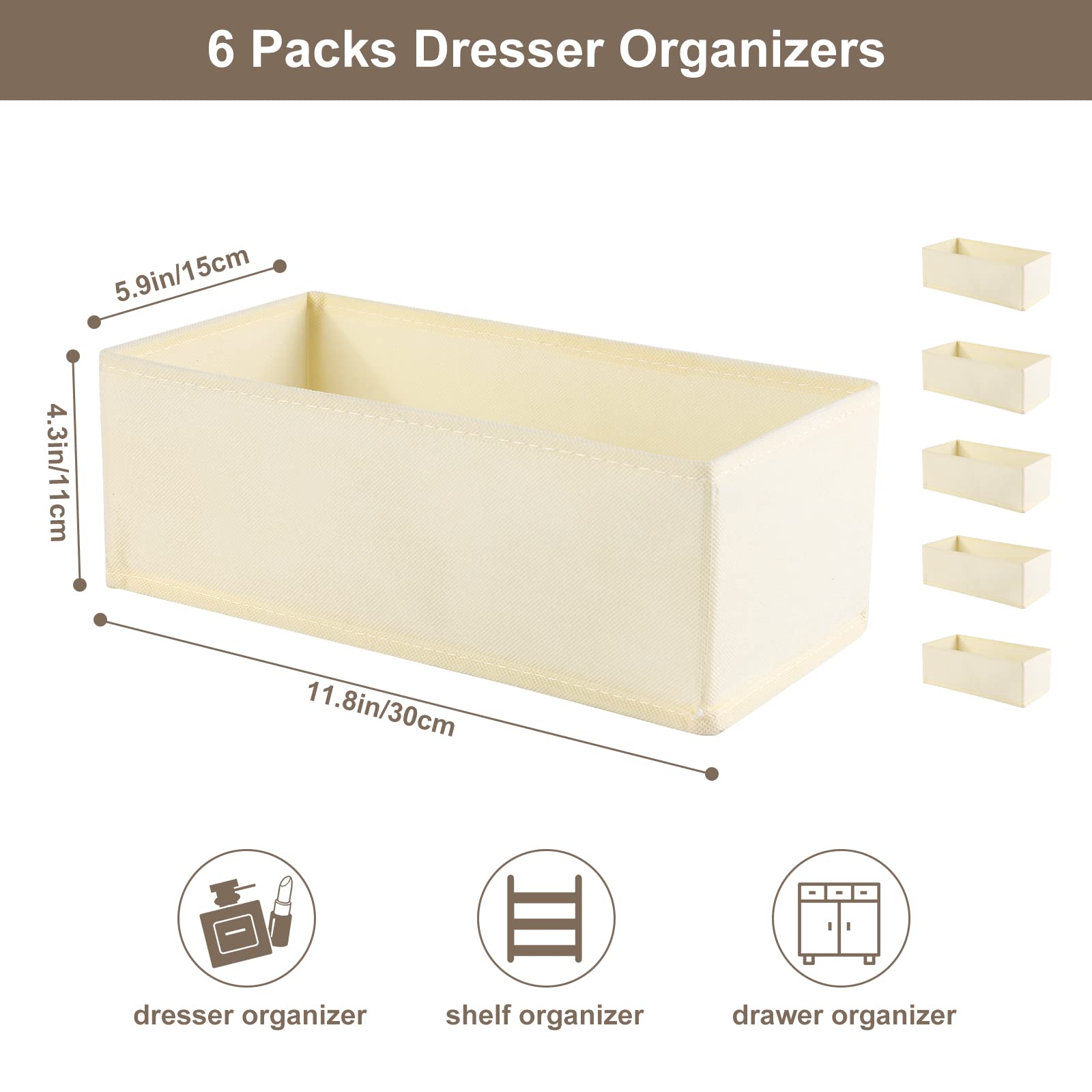 6-Pack Woven Fabric Dresser Drawer Organizers for Clothing & Baby Clothes - Beige Storage Bins for Bedroom, Nursery & Closet Organization | Perfect for Socks, Underwear & Baby Essentials
