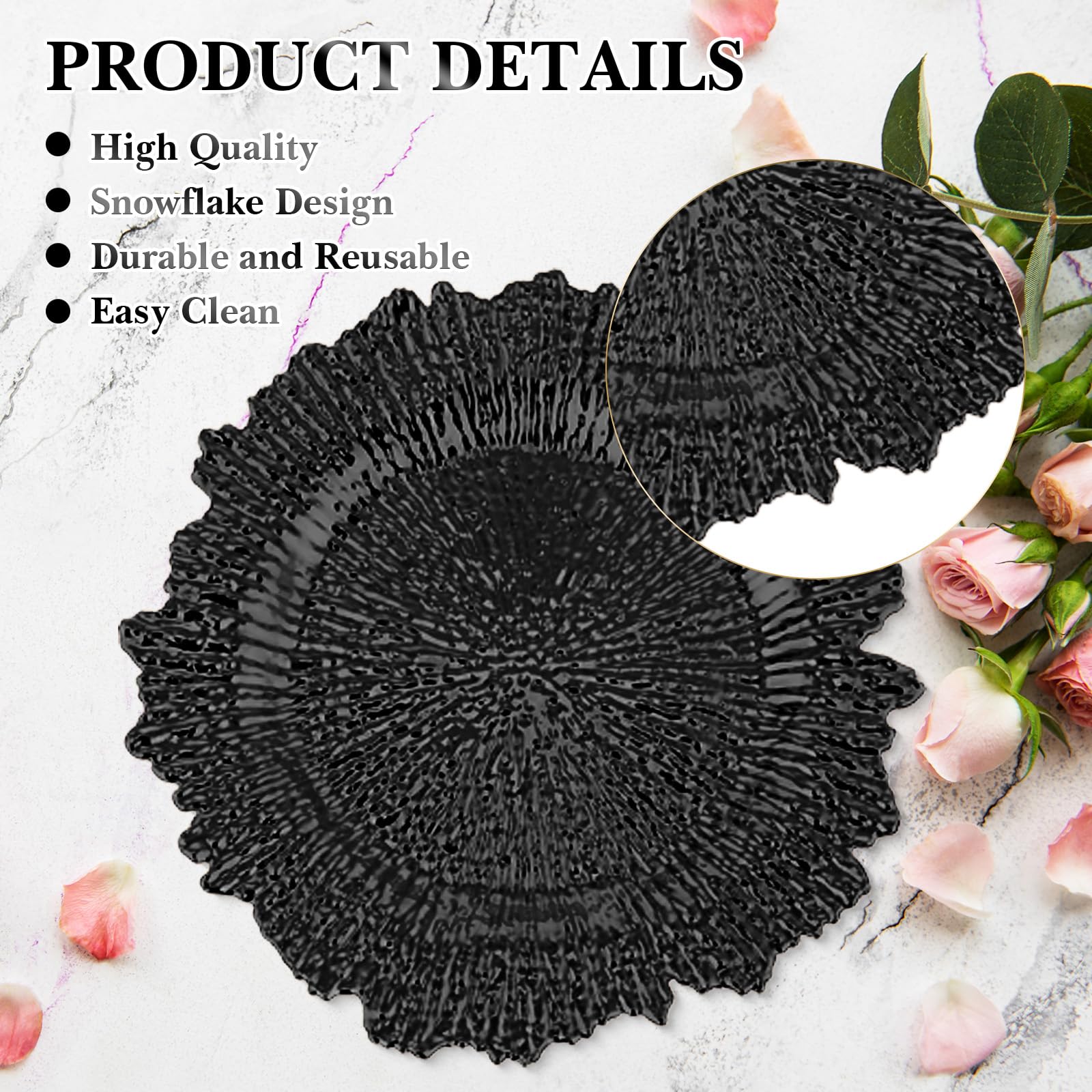 32 Pack Black Plastic Charger Plates Set - 13 Inch Floral Decorative Dinner Plates for Wedding, Party & Table Setting - Elegant Serving Trays for Reef Themed Events & Home Decor