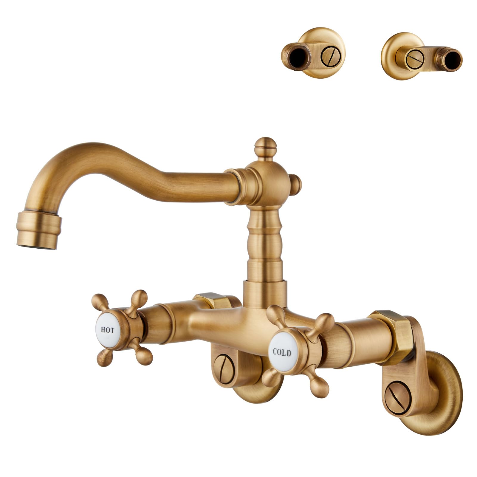 Aolemi Antique Brass Wall Mount Kitchen Faucet with 2 Cross Handles & 6 Inch Spout - Adjustable Center 3-9 Inch for Laundry Sink, Utility Sink, Basement, Garage or Outdoor Use
