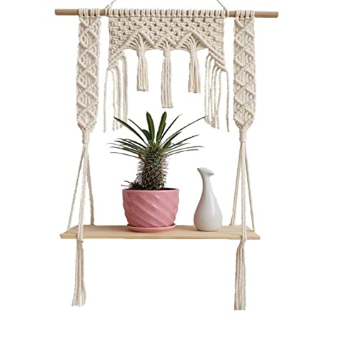 Hand-Woven Macrame Bohemian Wall Hanging Shelf - Natural Cotton Tapestry & Wooden Storage Rack for Home Decor, Plant Display, Bedroom & Living Room Organization