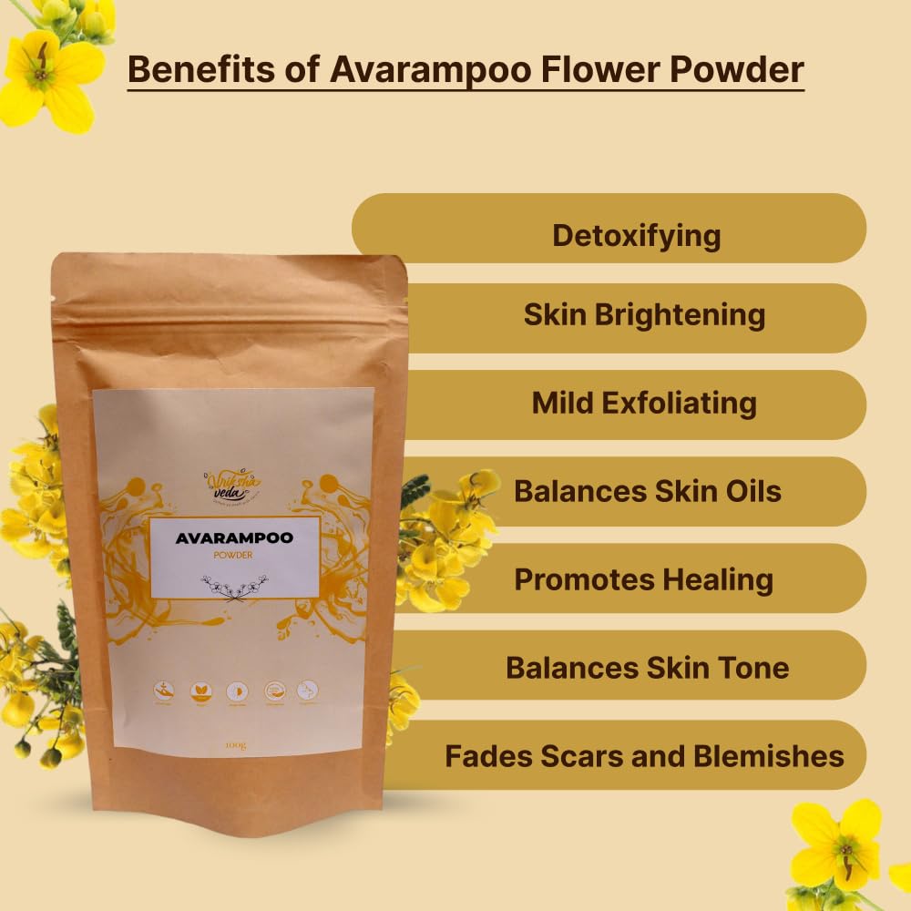 Organic Avarampoo Flower Powder (Senna Auriculata) - 100g for Face, Body & Hair Care | Natural Skin Brightening & Hair Growth Treatment | Perfect for DIY Beauty Masks & Ayurvedic Remedies