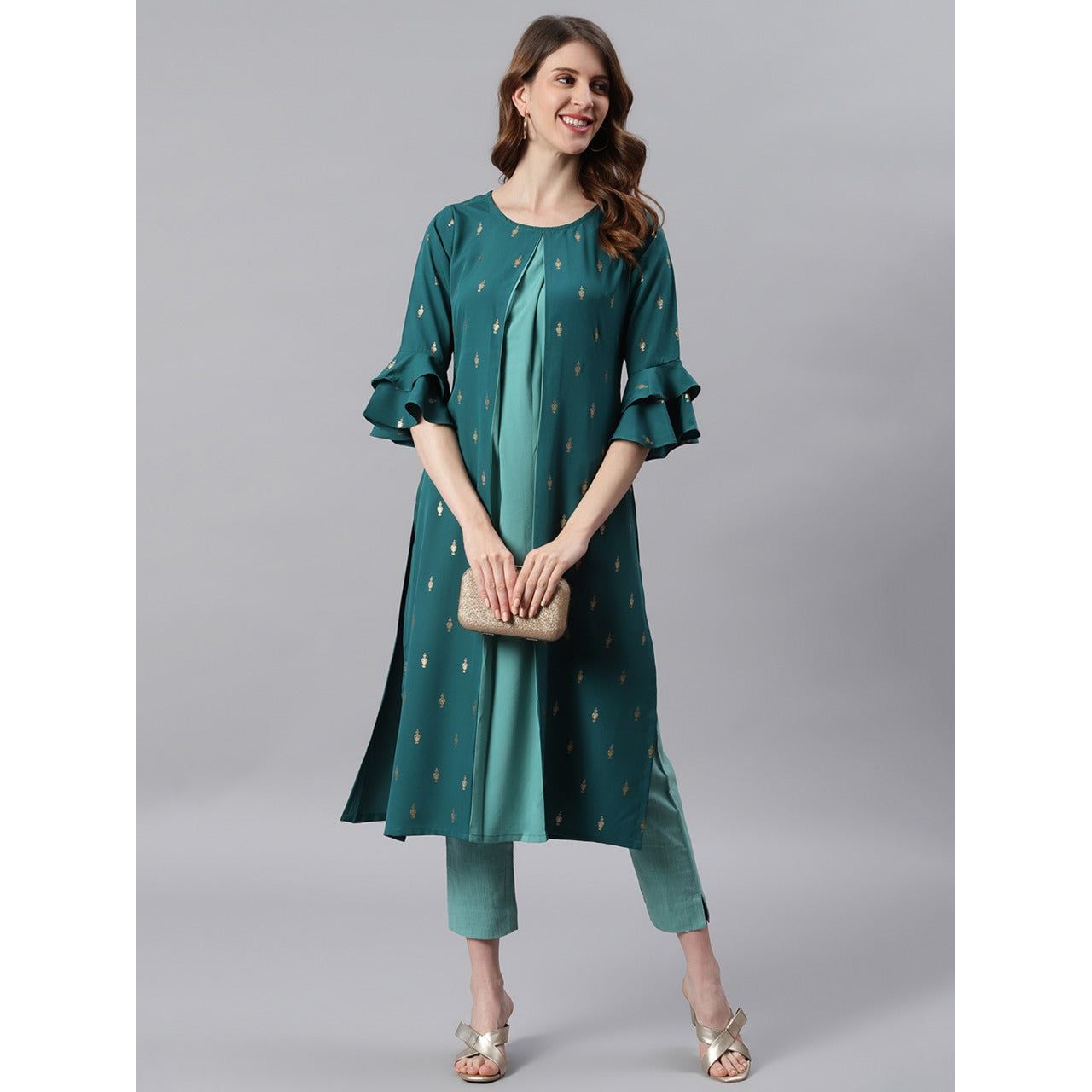Stylish Dual Tone Green Poly Crepe Kurti for Women | Elegant Indian Ethnic Wear | Perfect for Festivals, Weddings & Casual Outings