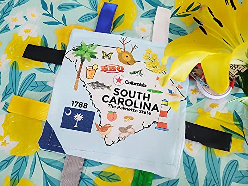 Baby Jack & Co 8x8 Inch Educational Lovey Blanket - Crinkle Sensory Toy for Infants | Soft, BPA-Free & Safe | Learn USA State Facts with Fun | Perfect for Strollers, Cribs & Playtime (South Carolina)