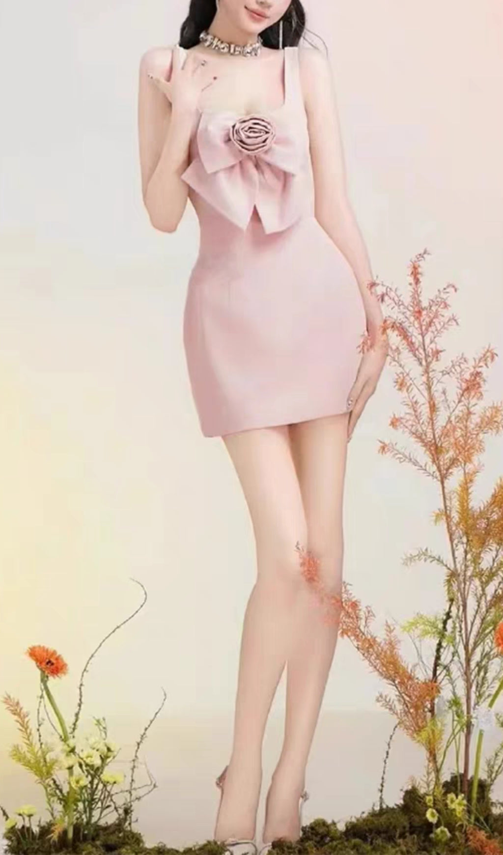 3D Flower Strap Mini Dress in Pink - Elegant Floral Summer Dress for Women - Perfect for Parties, Dates & Beach Vacations