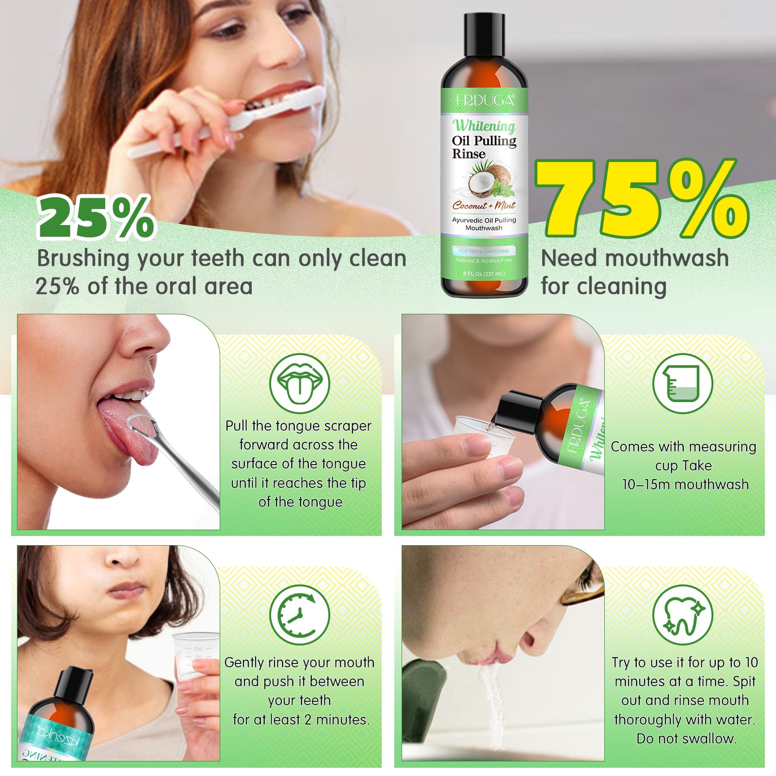 Organic Coconut Oil Pulling for Teeth & Gums - 237ml Natural Mint Coconut Oil Mouthwash with Essential Oils & Vitamins | Whitening, Freshen Breath, Improve Oral Hygiene | Perfect for Morning Routine & Ayurvedic Oral Care