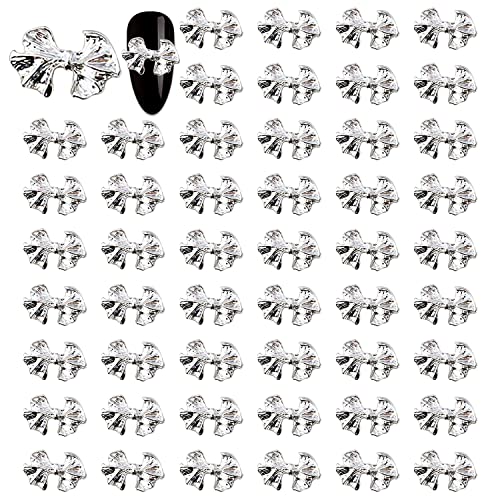 50Pcs 3D Silver Bow Nail Charms for Acrylic Nails - Elegant Nail Art Decorations for Women, DIY Manicure Accessories - Perfect for Parties, Weddings, and Special Occasions
