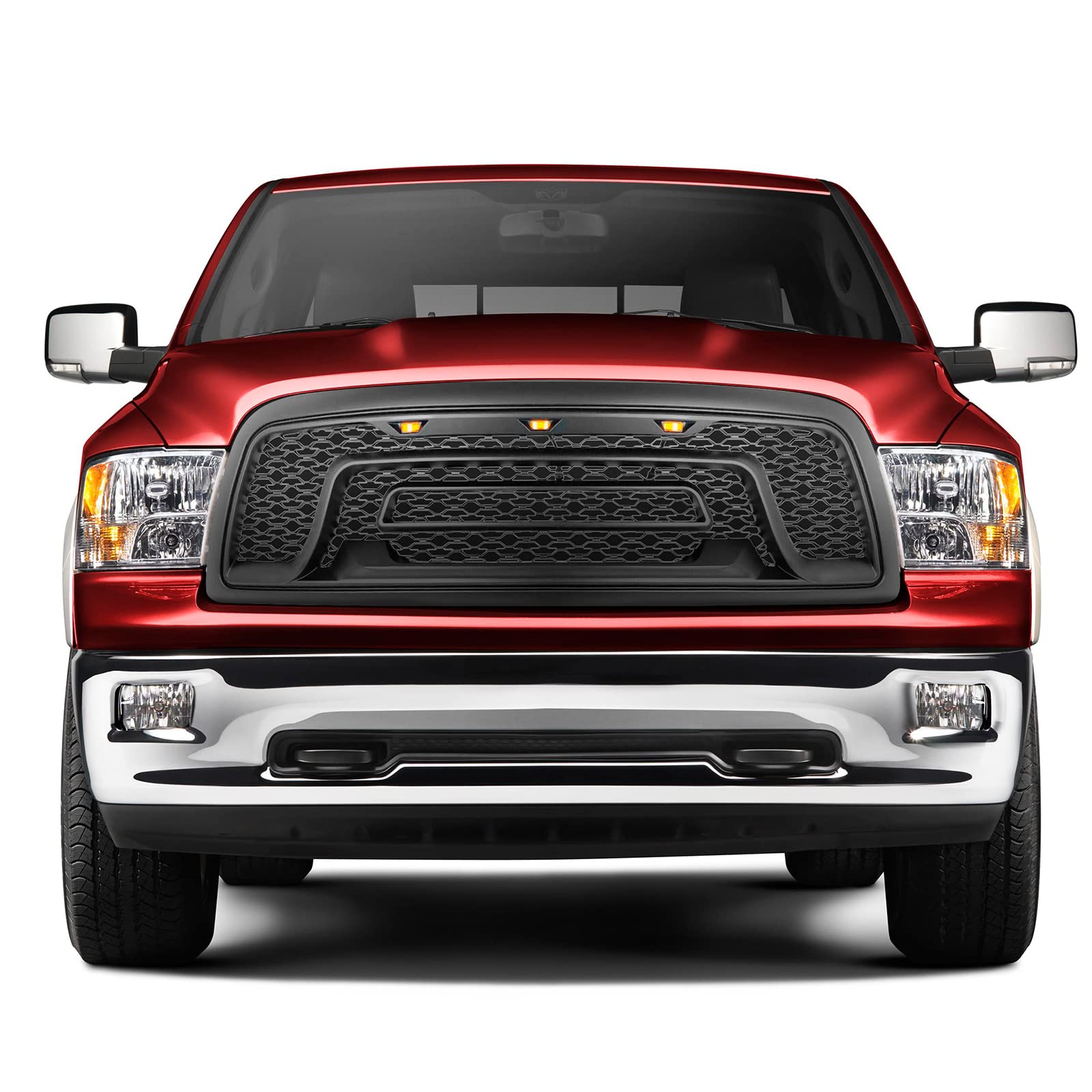 IKON MOTORSPORTS Matte Black Mesh Grille for 2009-2012 Dodge Ram 1500 - Upper Front Bumper Hood Grill Shell with LED Signal Lights | Perfect for Off-Roading & Truck Customization