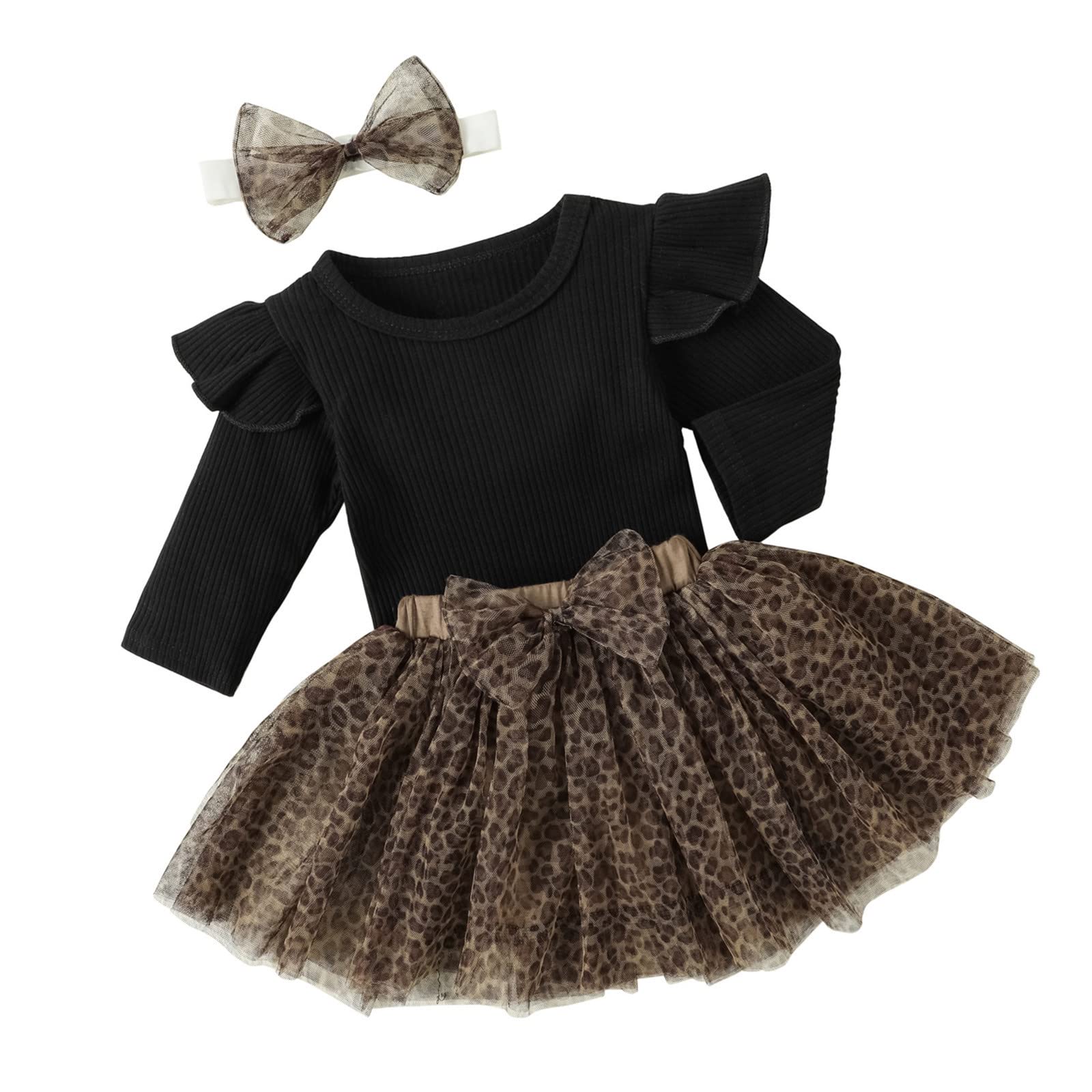 Baby Girl Outfits Set - Newborn Infant Romper with Long Sleeve Bodysuit & Leopard Print Tulle Skirt | Cute Toddler Clothes for Photoshoots, Birthday Parties & Special Occasions