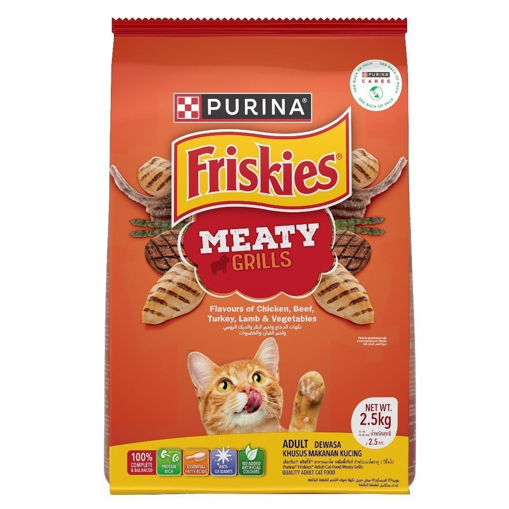 Friskies Cat Dry Food - Meaty Grills & Seafood Flavor, 1kg & 2.5kg Bags - Nutritious Indoor Cat Food for Daily Meals & Treats - Perfect for Adult Cats & Kittens