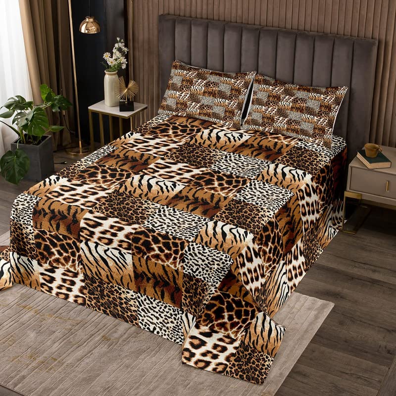 Jejeloiu Leopard Print Quilted Coverlet Set - Cheetah Pattern Bedspread for Kids, Boys & Girls, Safari Theme Plaid Grid Brown King Size with 2 Pillowcases | Perfect for Children's Room Decor, Jungle Themed Bedrooms & Wild Animal Lovers