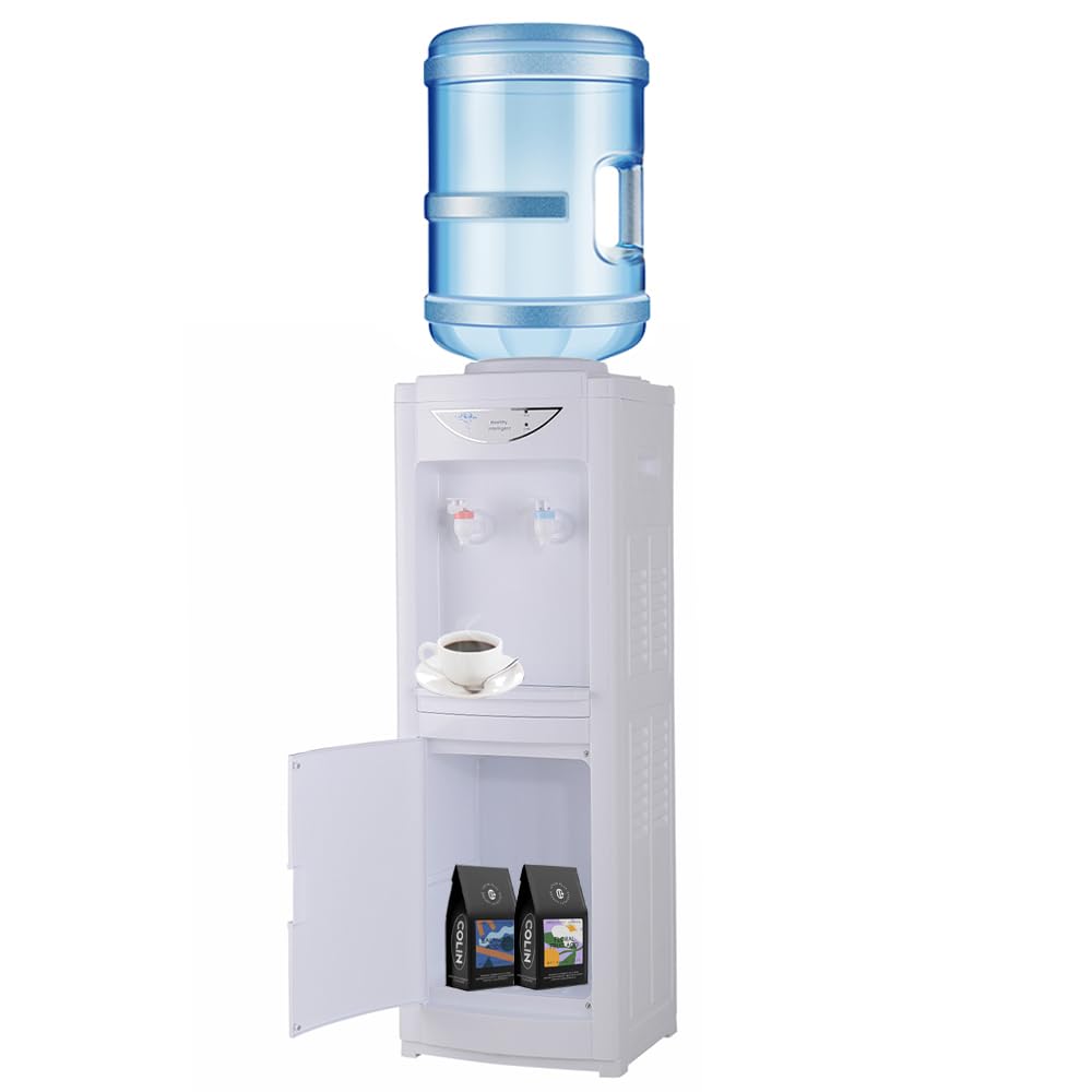 5 Gallon Water Cooler Dispenser with Hot & Cold Water - Top-Loading, Child-Safe Design with Removable Drip Tray & Storage Cabinet - Perfect for Home, Office, Schools & Events (White)