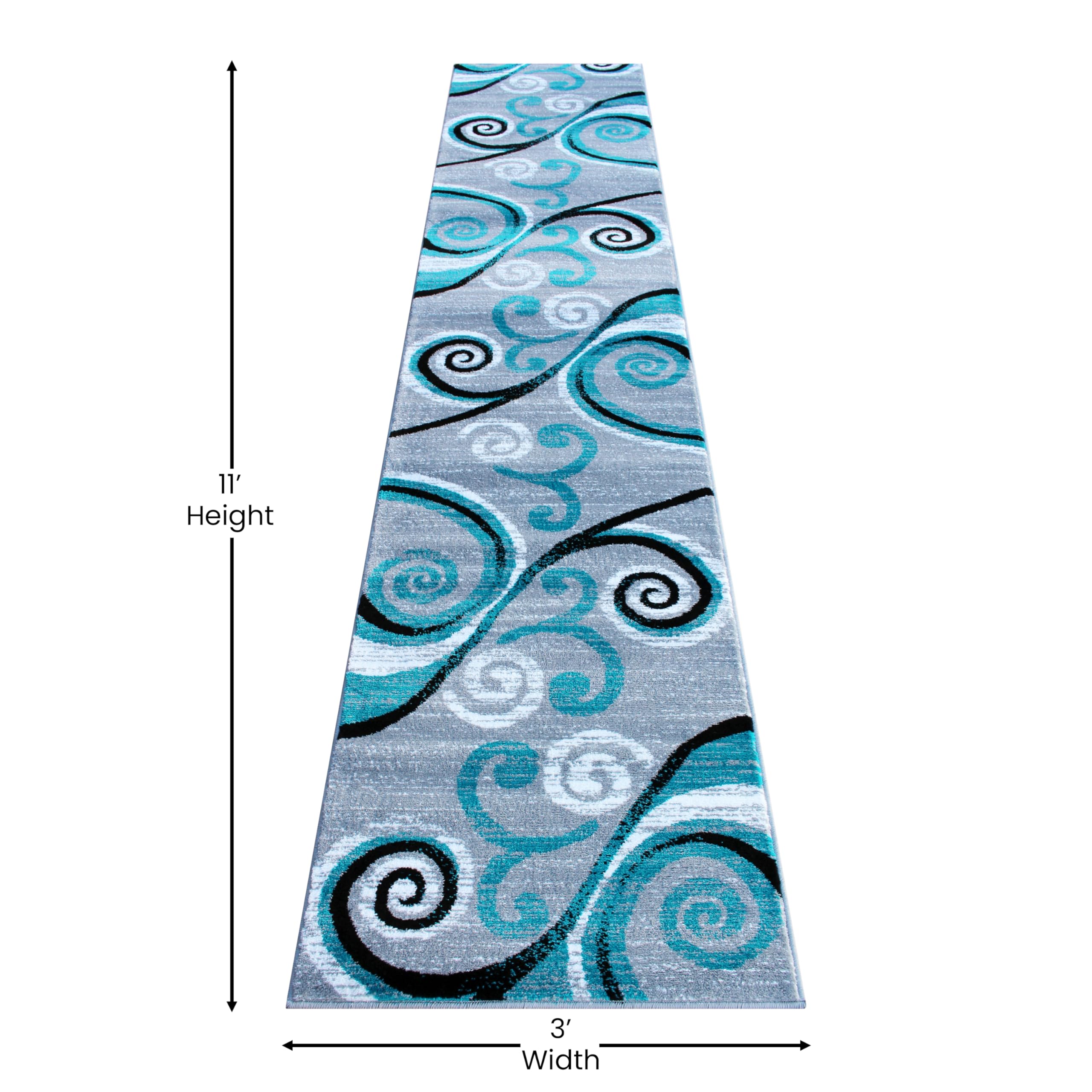 Emma & Oliver Olefin Accent Rug - Turquoise Scraped Swirl Pattern 2x11 - Plush Pile, Jute Backing - Stain & Moisture Resistant - Easy Maintenance - Perfect for Living Room, Bedroom, or Office Decor
