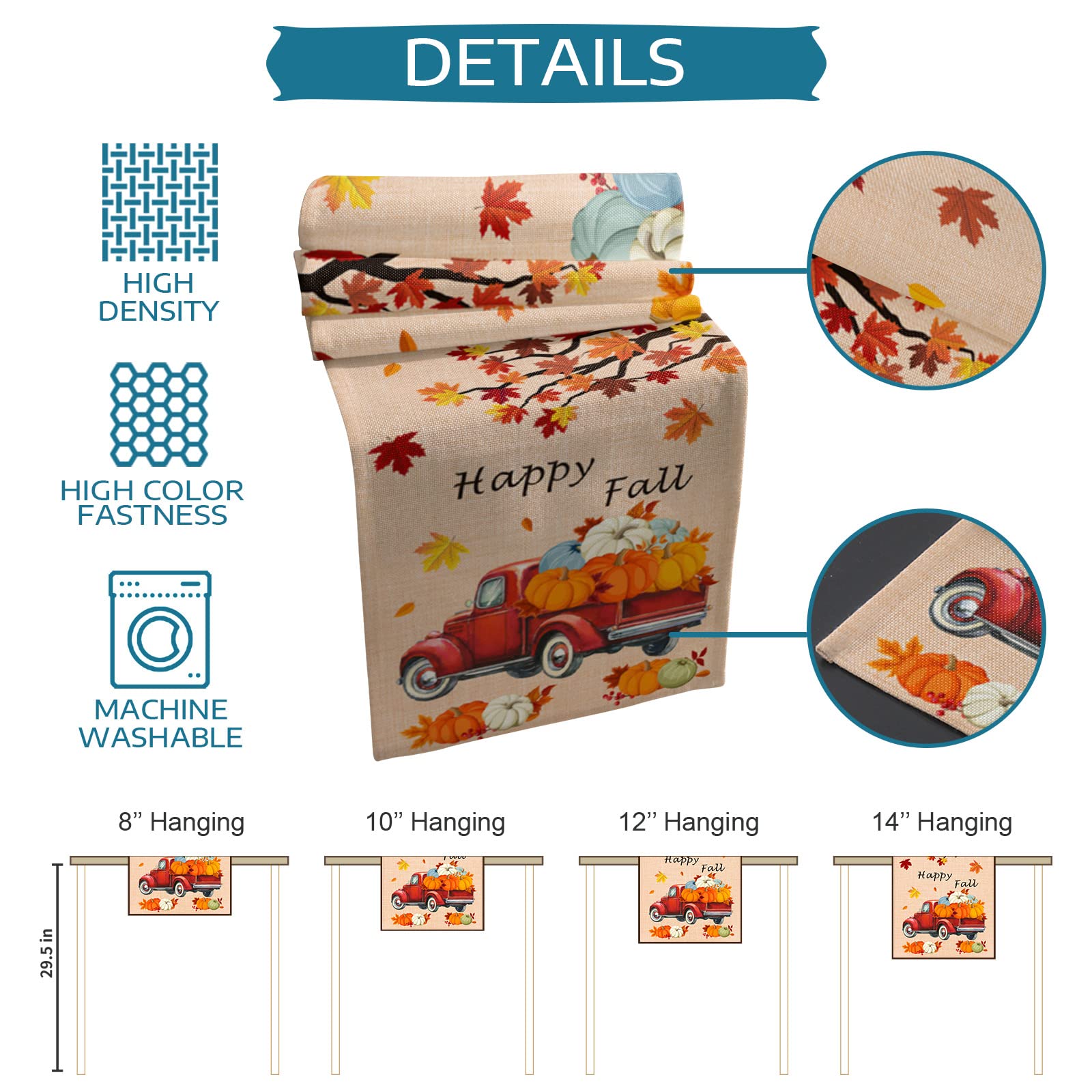 Thanksgiving Truck Fall Pumpkin Maple Leaves Table Runner - 13x90 Inches Long Washable Orange Autumn Decor for Round, Kitchen, Coffee, Dining & End Tables - Perfect for Thanksgiving, Fall Gatherings & Seasonal Home Decor