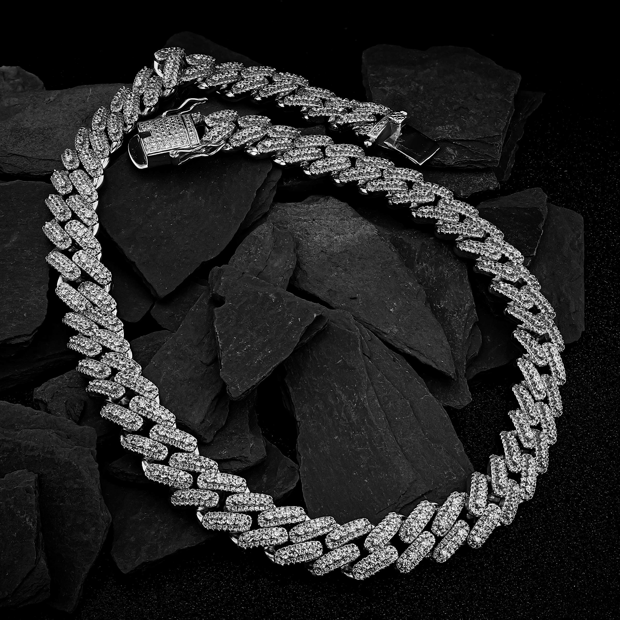 14K White Gold Miami Cuban Link Chain Necklace for Men - Micro Pave Iced Out with Lab Created Diamonds | Thick Choker Necklace | Luxury Men's Jewelry | Perfect for Parties, Weddings & Special Occasions