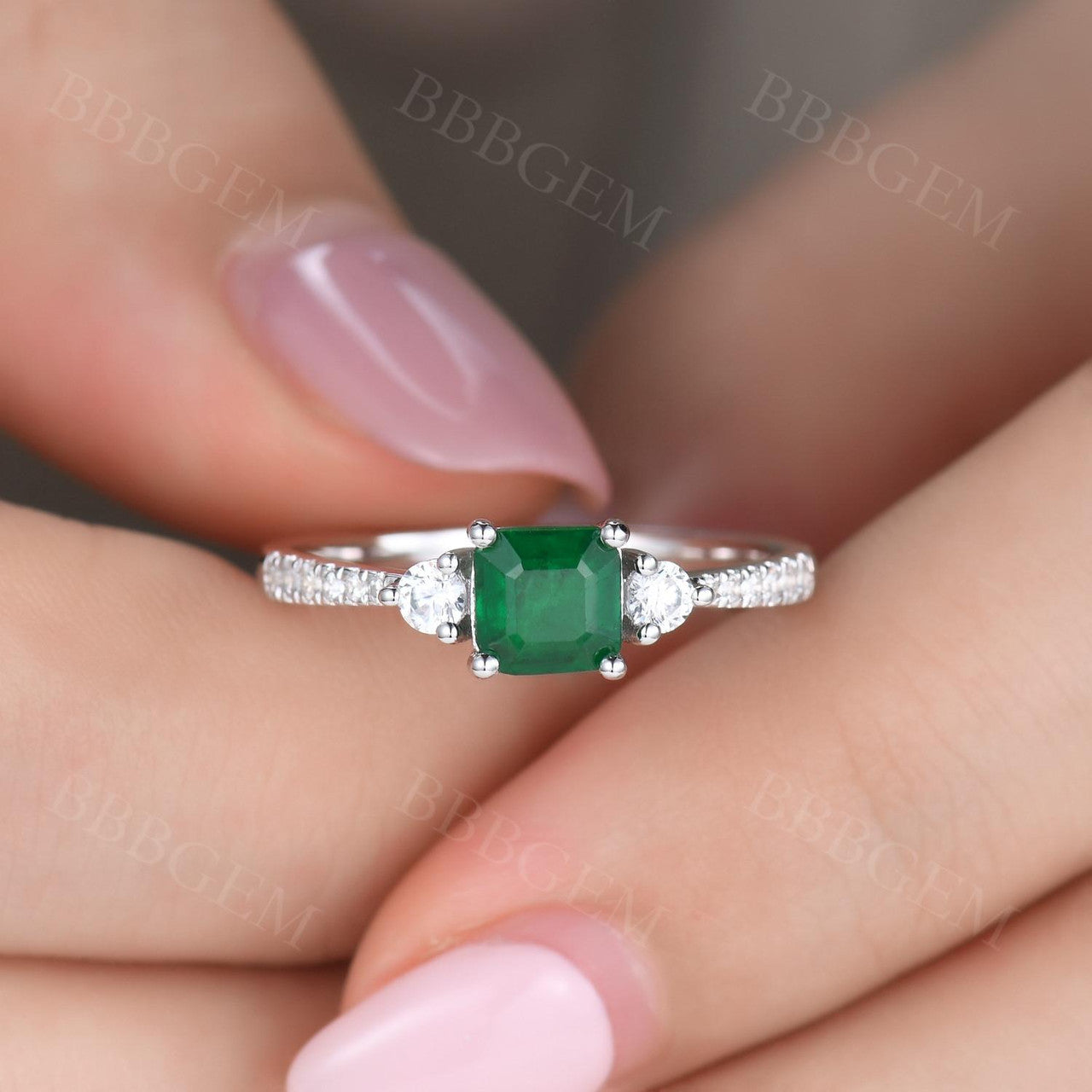 Exquisite Natural Zambian Emerald Three-Stone Platinum Ring with Diamond Accents - Perfect for Engagement, Anniversary & Special Occasions