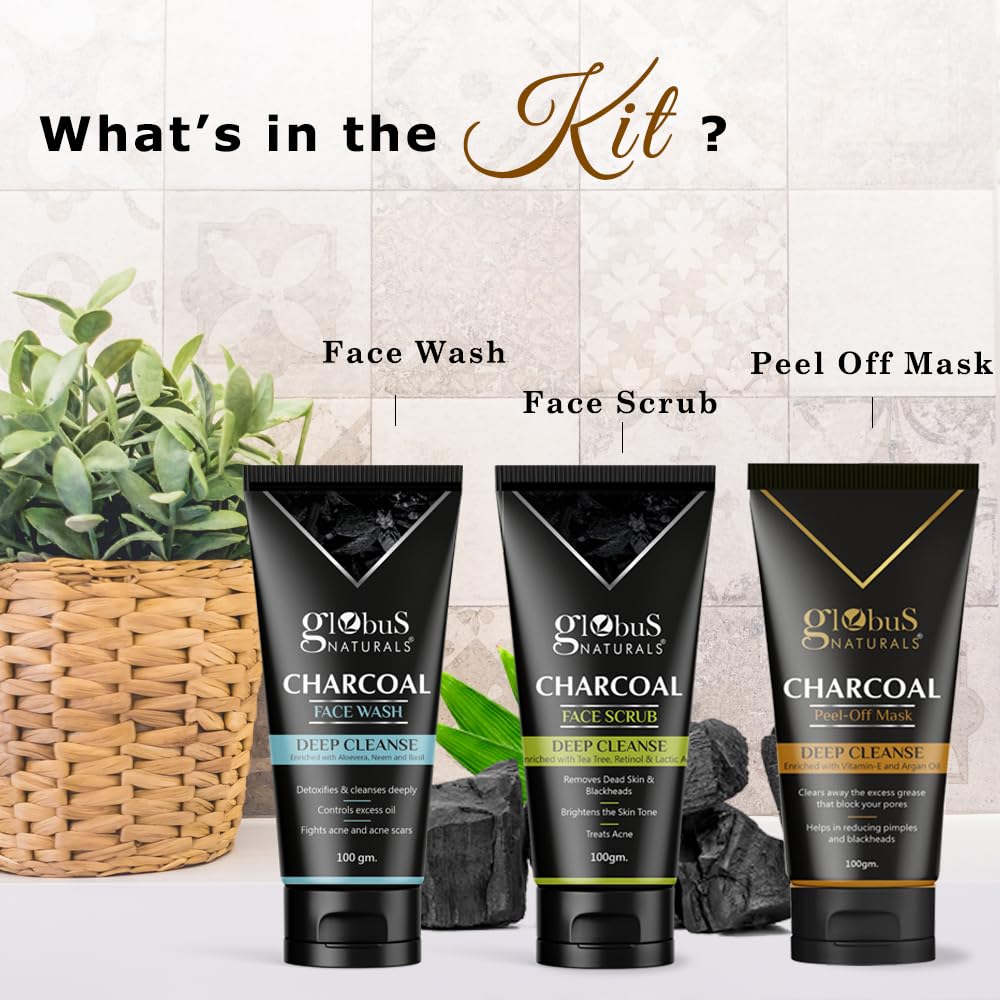 Globus Naturals Activated Charcoal Face Care Trio Kit - Anti Acne, Pollution & Tan Treatment with Face Wash, Scrub & Mask (100g Each) for Deep Cleansing & Detox - Perfect for Oily & Acne-Prone Skin