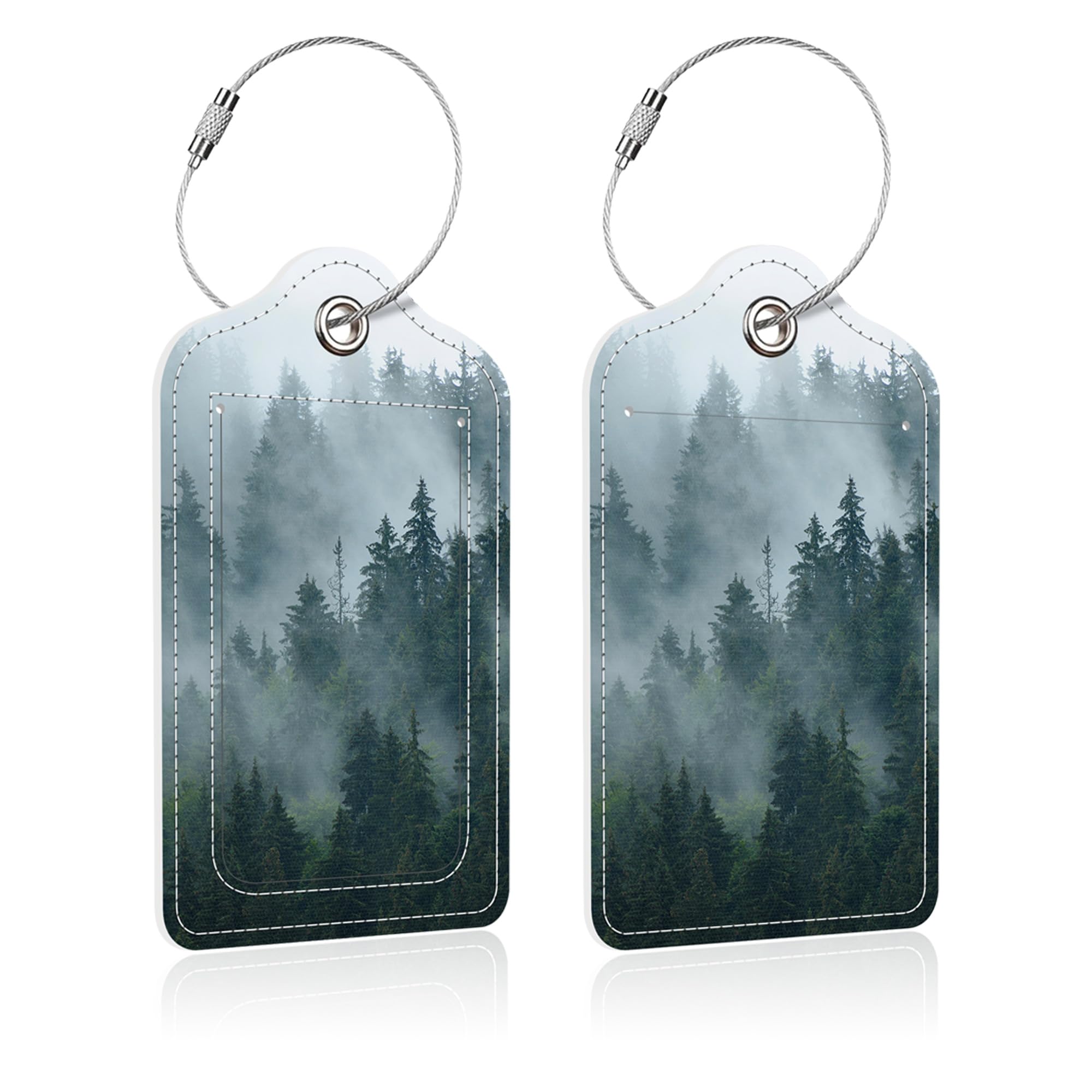 2 Pack PU Leather Luggage Tags with Stainless Steel Loop & Privacy Cover - Durable Fir Forest Design Suitcase ID Tags for Women, Men & Teens - Perfect for Air Travel, Cruise Vacations & Business Trips