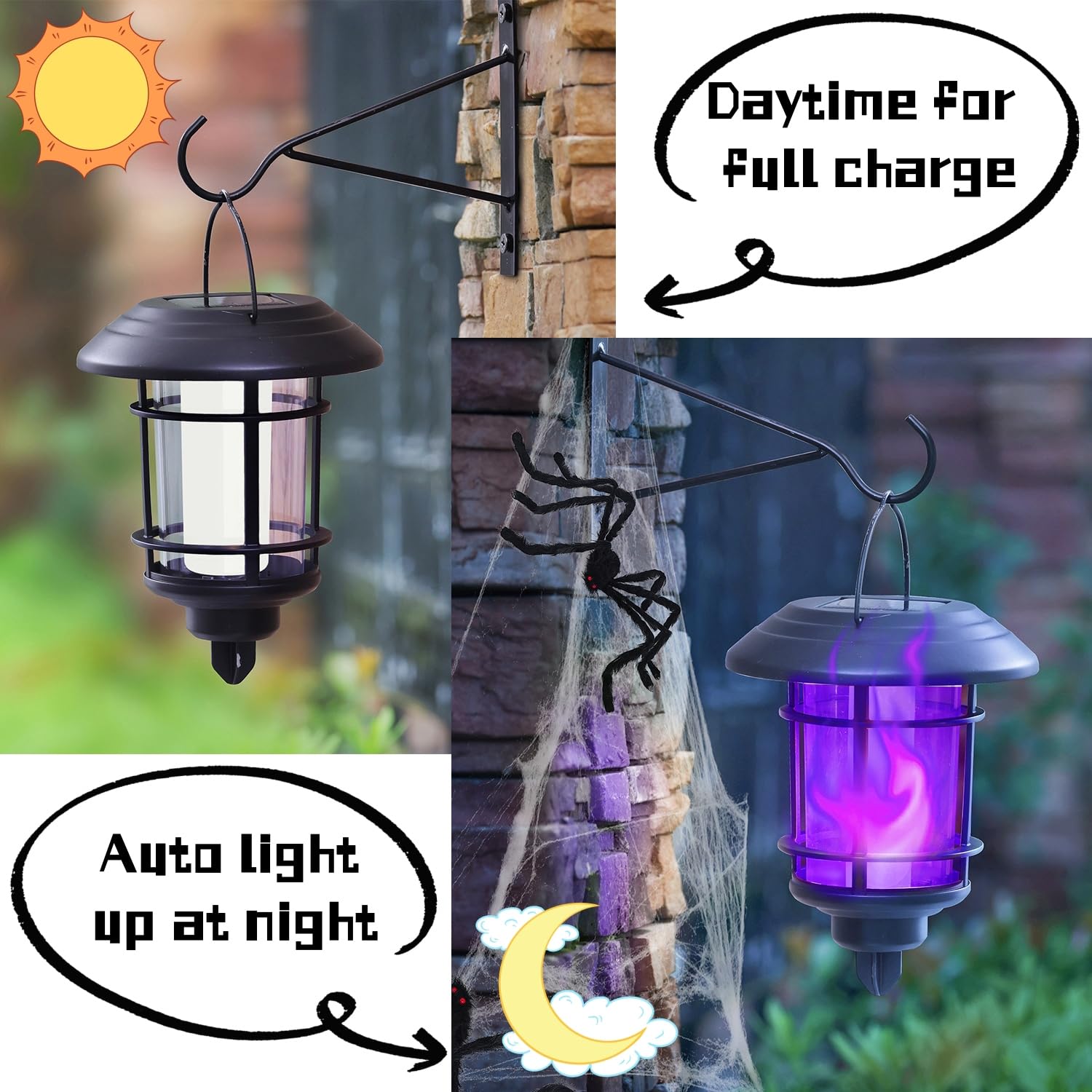 Dynaming Solar Purple Flame Wall Lanterns - 4 Pack Outdoor Halloween LED Hanging Lights with Auto On/Off, Waterproof Flickering Flame Sconce for Garage, Stair, Patio, Porch - Perfect for Spooky Decor & Pathway Lighting