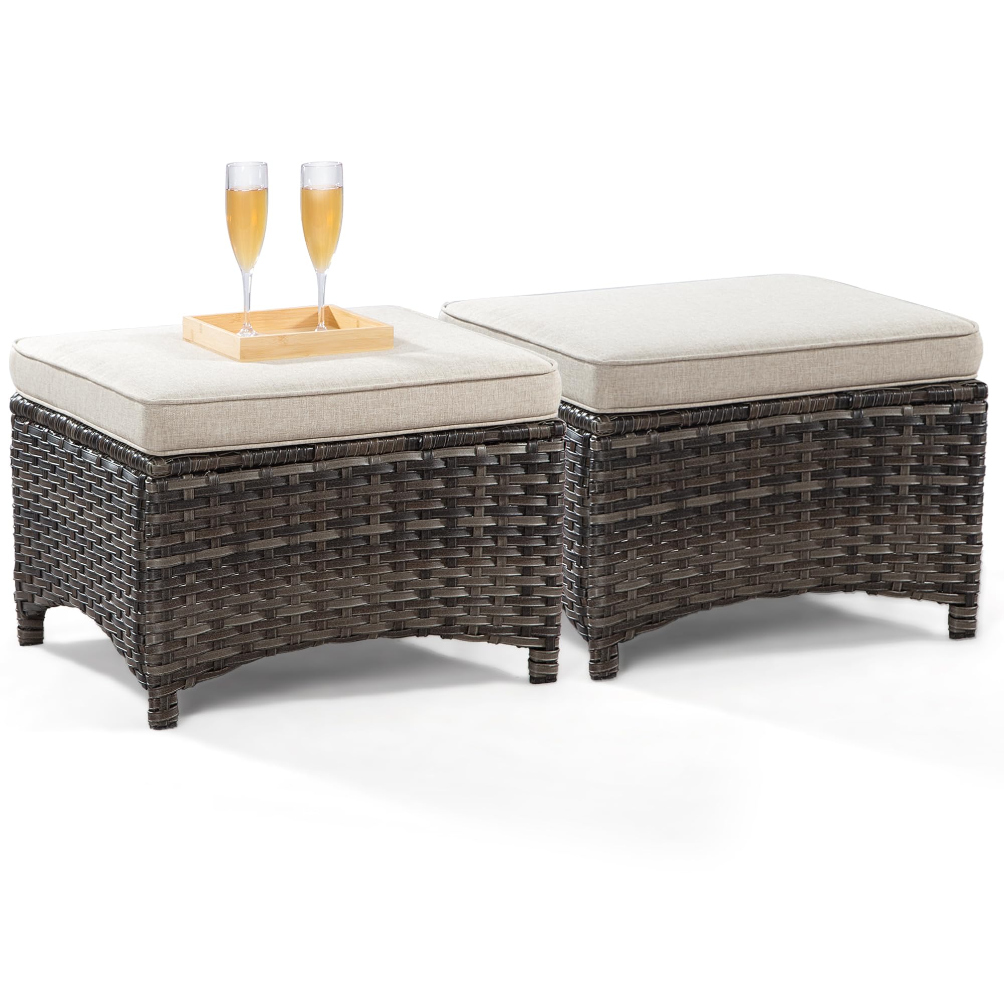 Joyside Outdoor Ottomans Set of 2 - PE Wicker Steel Frame Footstool with Removable Olefin Cushions for Patio, Garden, Backyard & Deck - Beige - Perfect for Relaxing, Entertaining & Outdoor Lounging