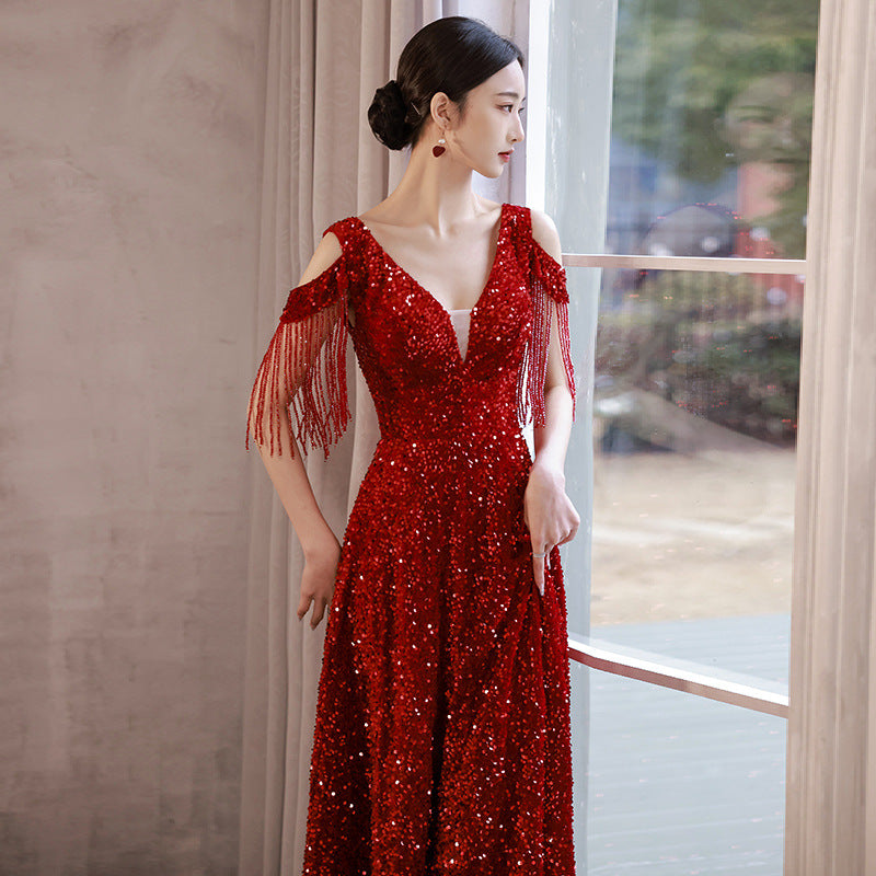 Elegant Burgundy Sequin Long Prom Dress with Tassel Details - Formal Evening Gown for Homecoming, Ball & Special Occasions