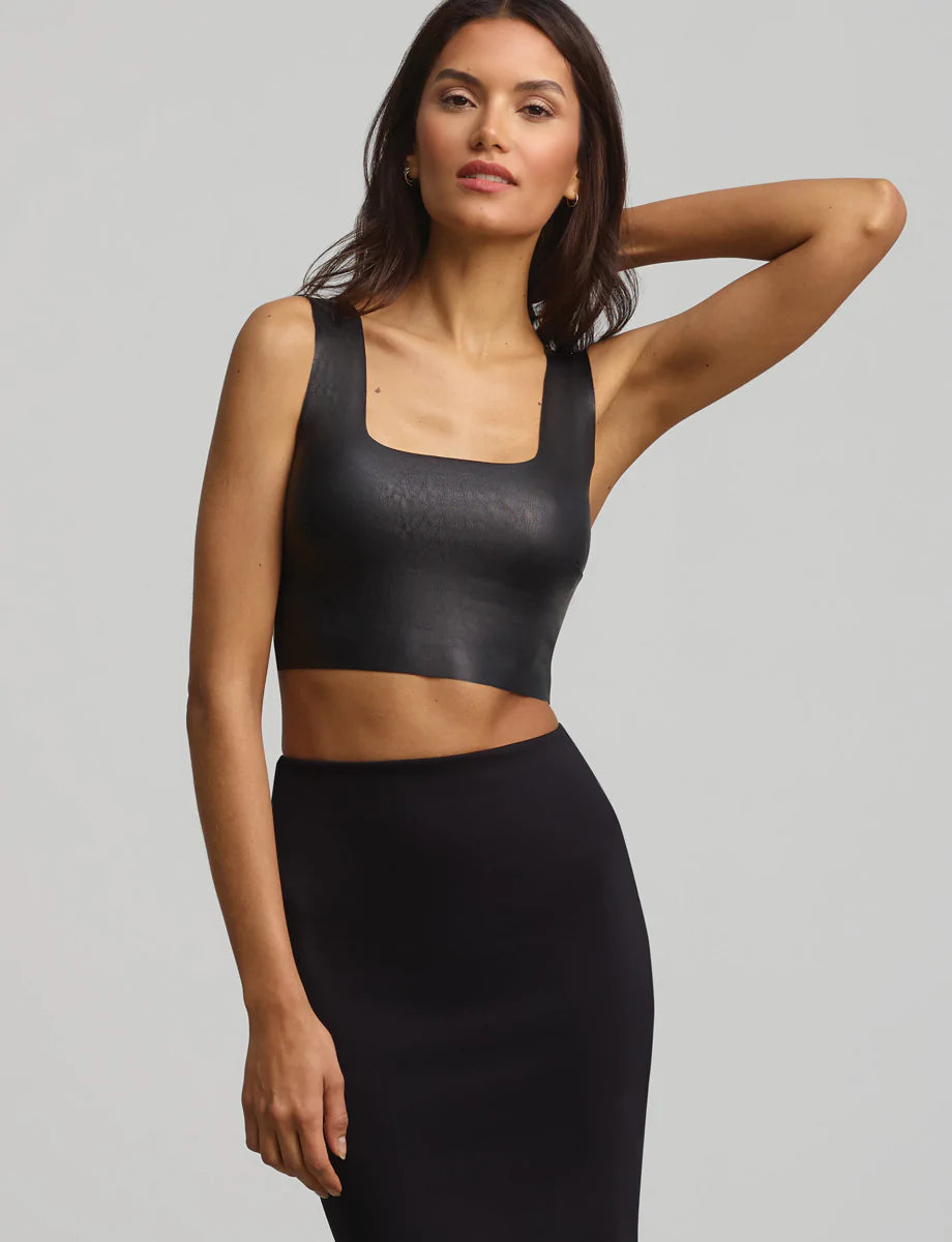 Commando Women's Faux Leather Square Neck T-Shirt - Stylish Stretch Fit Top for Casual Wear, Night Out & Office Outfits