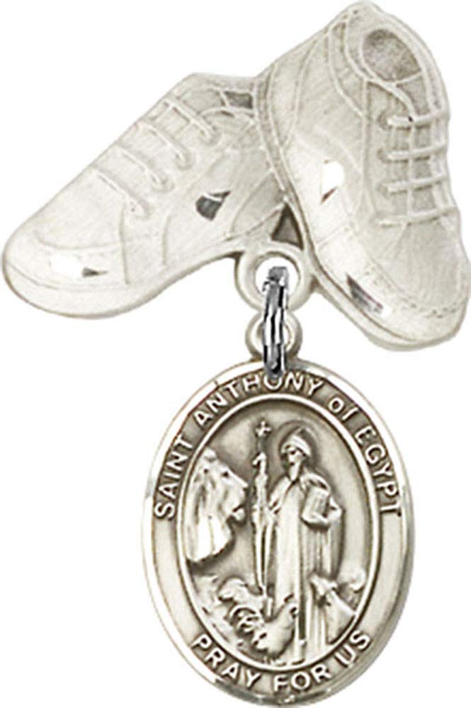 Sterling Silver Baby Badge with St. Anthony of Egypt Charm & Baby Boots Pin - Handmade in USA | Religious Jewelry for Christening, Baptism & Newborn Gifts