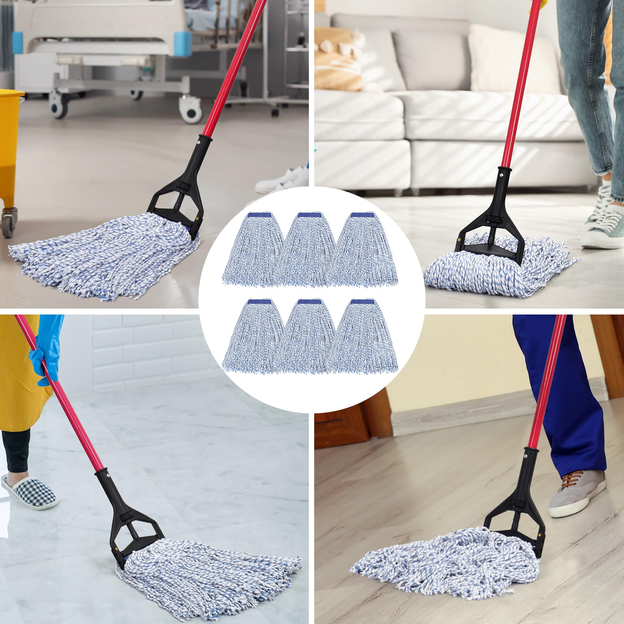 MATTHEW CLEANING Heavy Duty 1.25'' Universal Cotton Wet Mop Head Refill Pack of 6 - Looped-Open Design for Indoor and Outdoor Use, Ideal for Grease Stain Removal and Commercial Floor Cleaning in Kitchens, Garages, and Warehouses