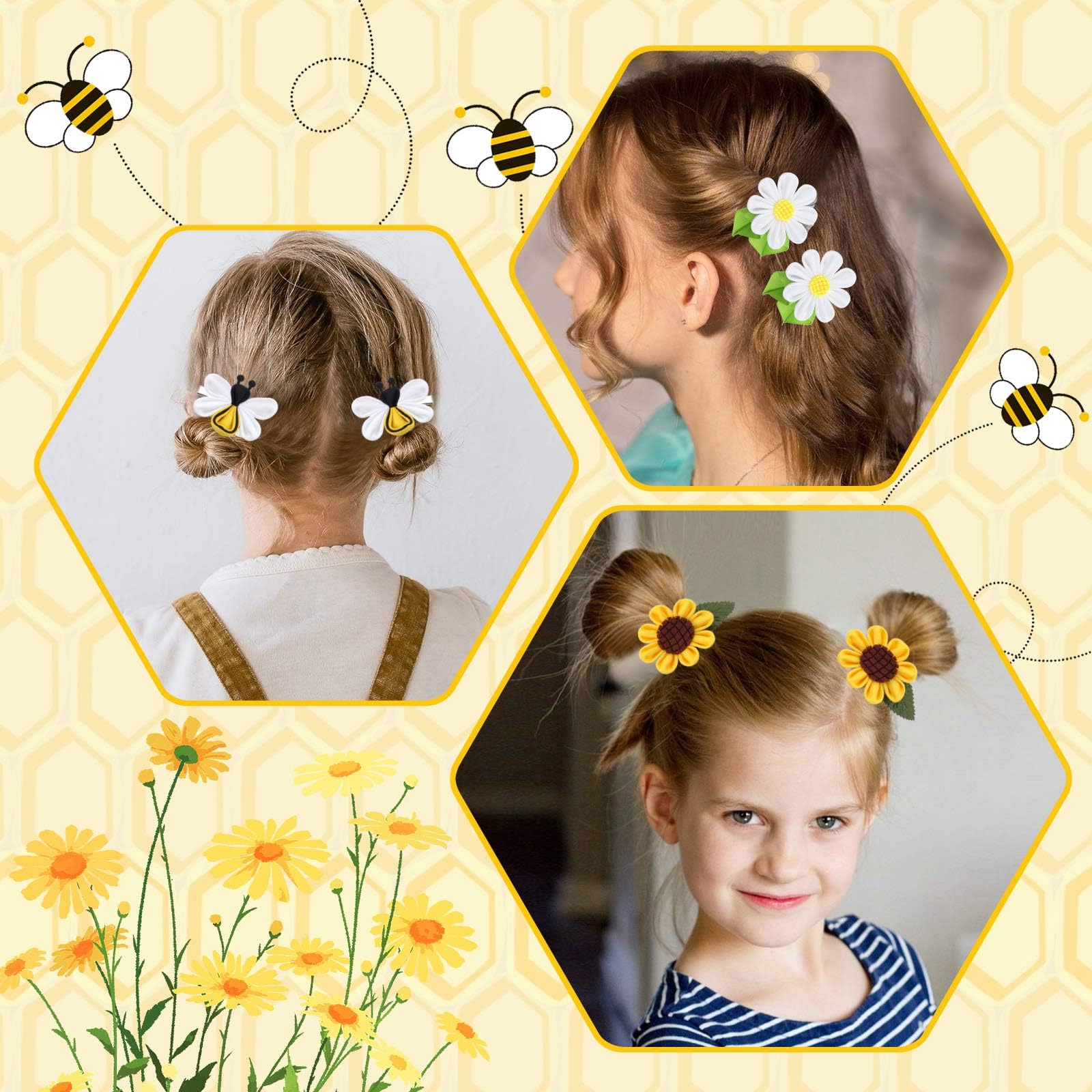6pcs Sunflower, Honey Bee, and Daisy Hair Bows for Babies, Toddlers, Little Girls & Teens - Tiny Flower Hair Clips for Fine & Thick Hair - Perfect for Parties, Weddings & Everyday Wear