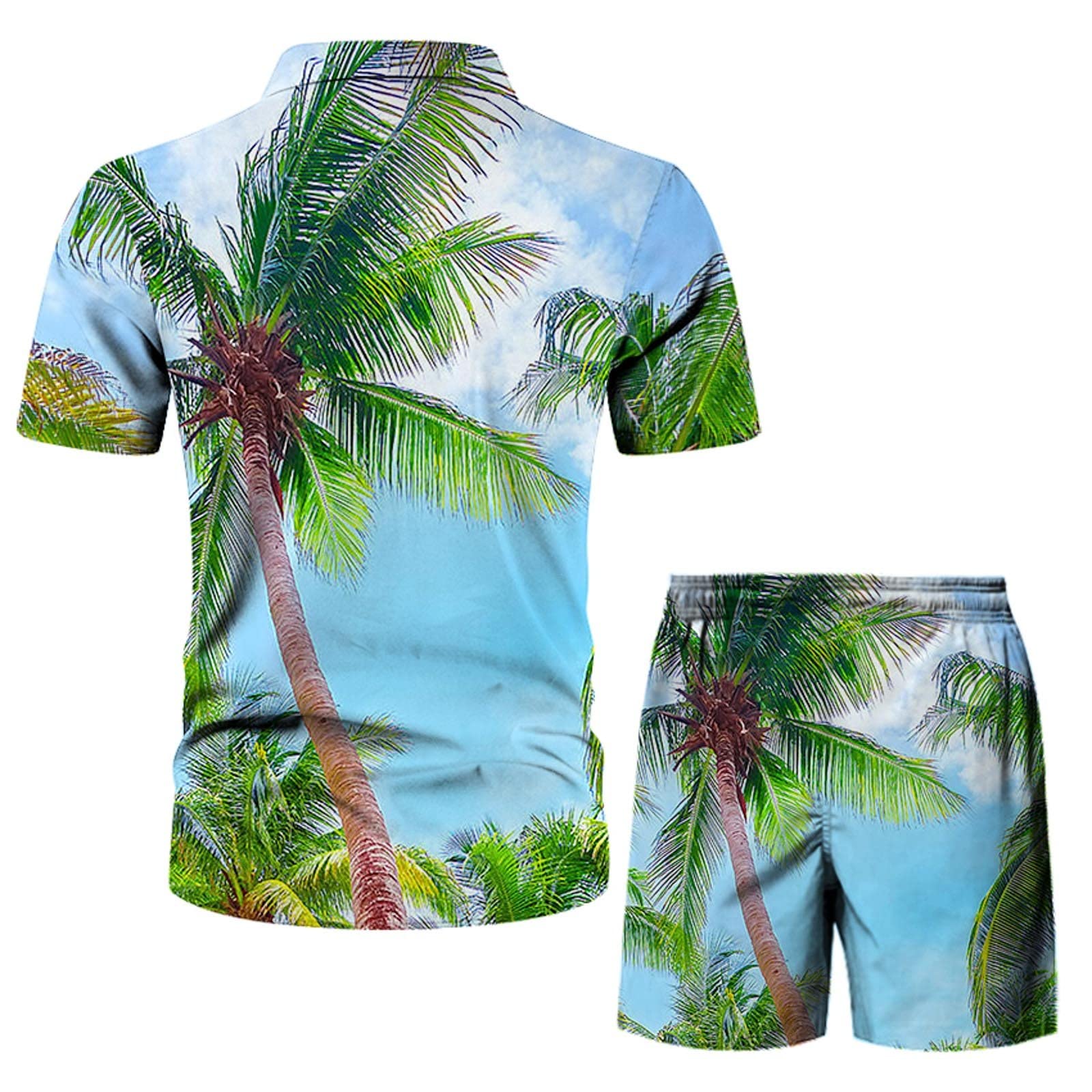 **Men's Hawaiian Shirt and Shorts 2-Piece Set – Classic-Fit Printed Linen Button-Up Shirt & UPF 50+ Casual Shorts for Spring, Summer, Beach, BBQ, Honeymoon, and Vacation Outfits**