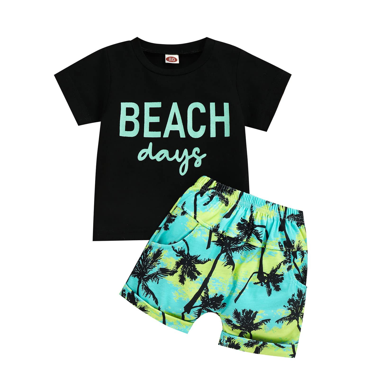 BrilliantMe Toddler Boys Summer Outfit - Short Sleeve T-Shirt with Letter Print & Tree Print Shorts Set | Comfortable Cotton Playwear for Beach, Park, and Daily Activities