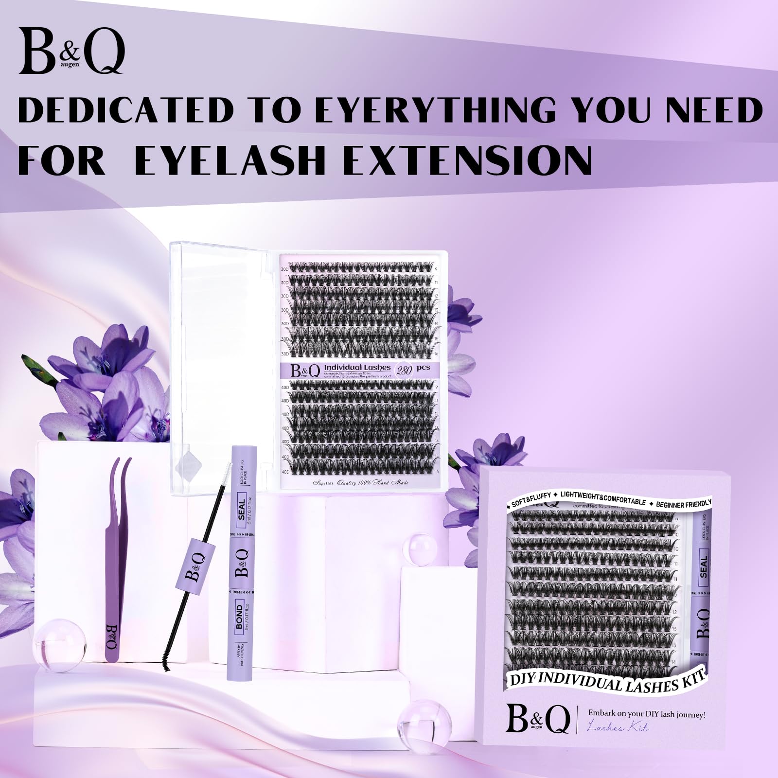 B&Qaugen DIY Lash Extension Kit - 280pcs Individual Lashes Cluster D Curl Eyelash Clusters with Bond & Seal Applicator Tool for Self Application (KIT,40D-D-9-16MIX) | Natural Looking Lashes for Daily Wear, Special Occasions & Professional Use