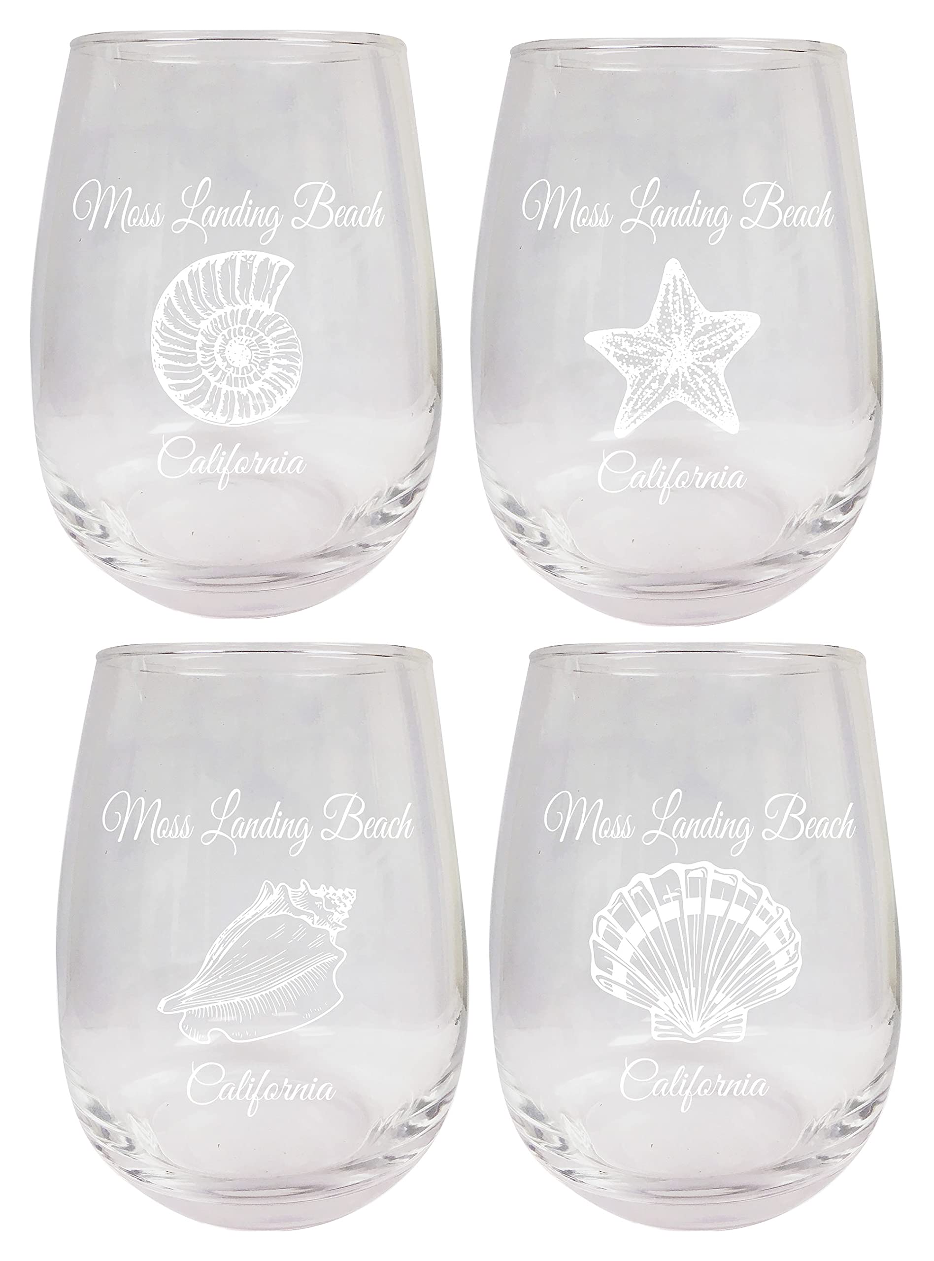 R&R Imports Moss Landing Beach California Souvenir - 4-Pack 9oz Laser Engraved Stemless Wine Glasses with Seashell Designs | Perfect for Beach Weddings, Coastal Home Decor & California-Themed Gifts