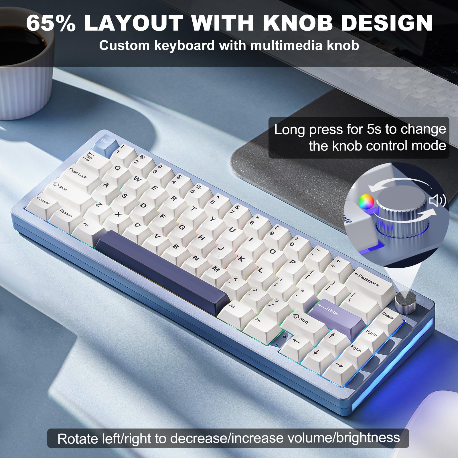 YUNZII AL66 65% Wireless Mechanical Keyboard with Knob Control - Bluetooth/2.4G/Wired Aluminum Gaming Keyboard, Hot Swappable Pre-lubed Switches, Gasket Mounted RGB Backlit for Windows/Mac (Milk Switch, Blue) - Perfect for Gaming, Office Work & Typing Enthusiasts