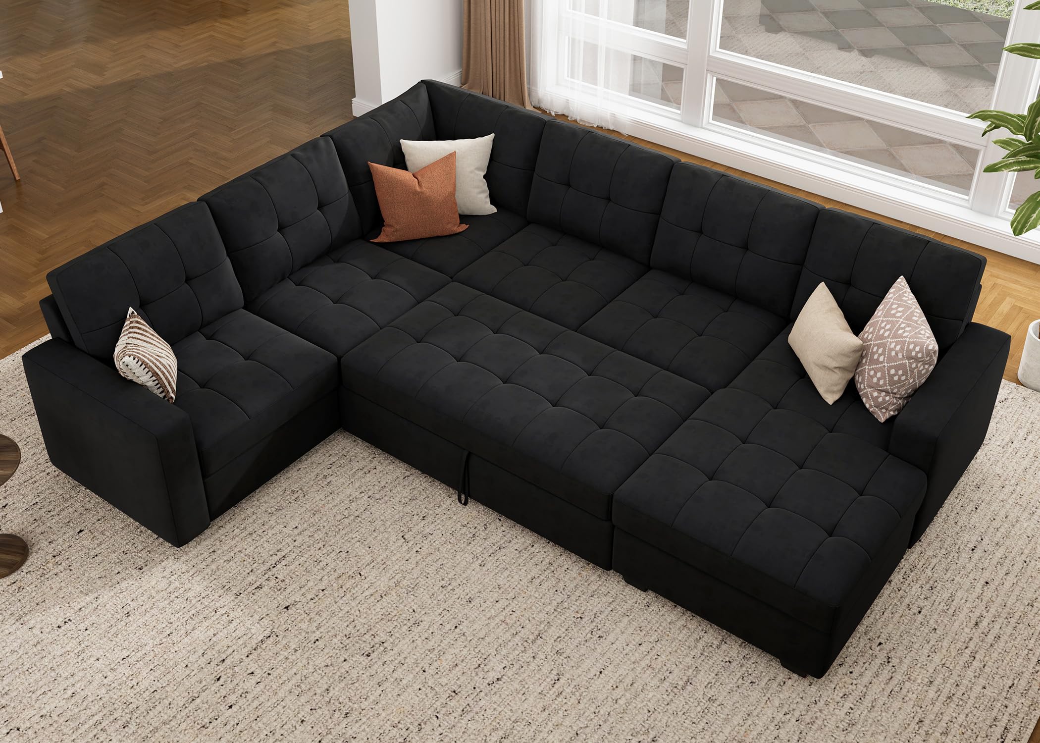 HONBAY Sectional Sleeper Sofa with Pull Out Bed - Convertible Sofa Bed with Storage Chaise, Velvet Black Couch for Living Room | Perfect for Small Spaces, Guest Rooms & Apartments