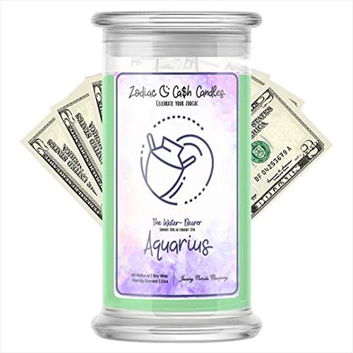 Aquarius Zodiac Money Candle - Surprise Cash Prize $2 to $2,500 | 21oz Unscented Soy Wax Jar Candle for Home Decor, Meditation & Gift Giving