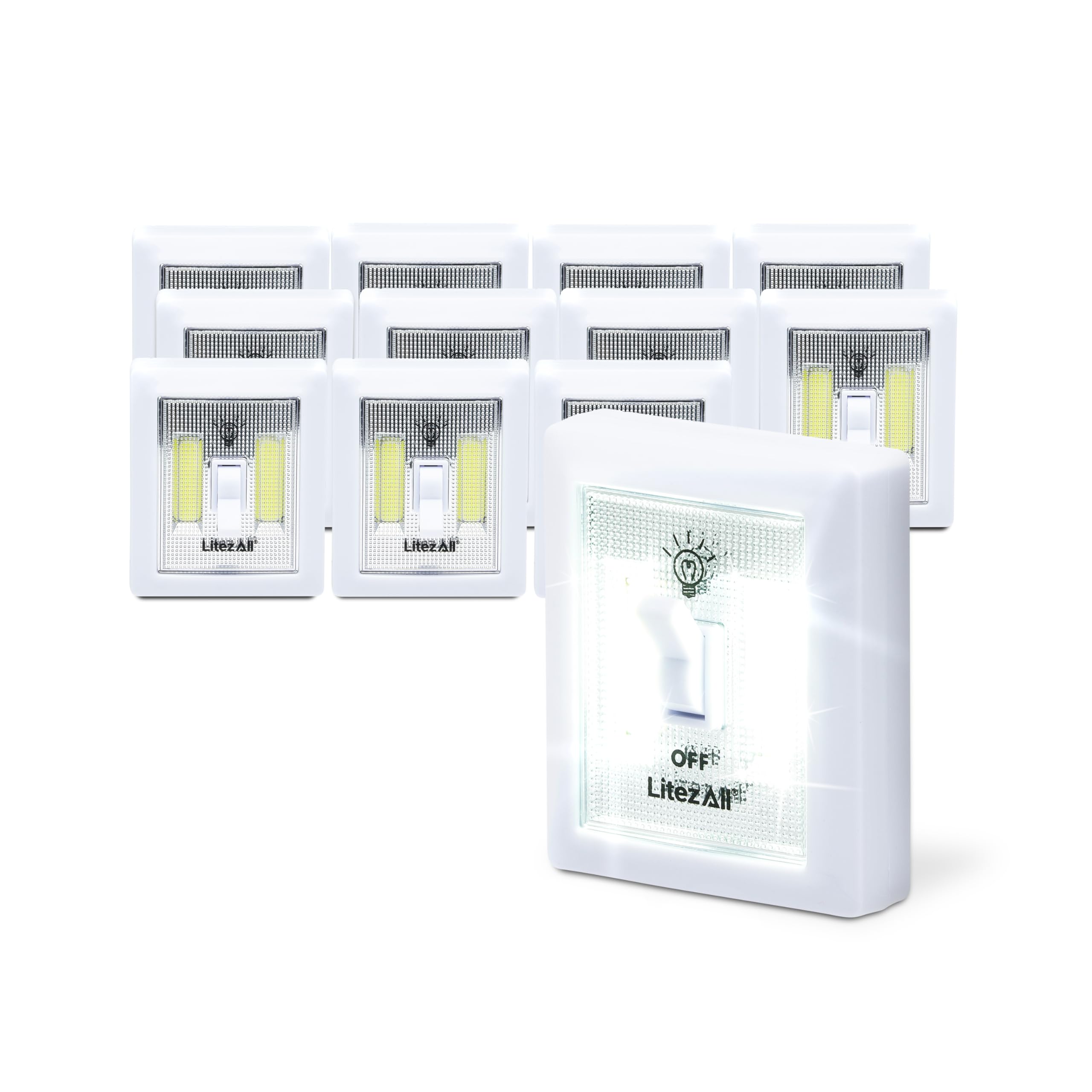 LitezAll COB LED Light Switch Night Light - 200 Lumen Wireless Wall Switch Light with Battery, 12 Pack (Batteries Included) - Perfect for Bedroom, Hallway, Staircase & Bathroom Night Lighting