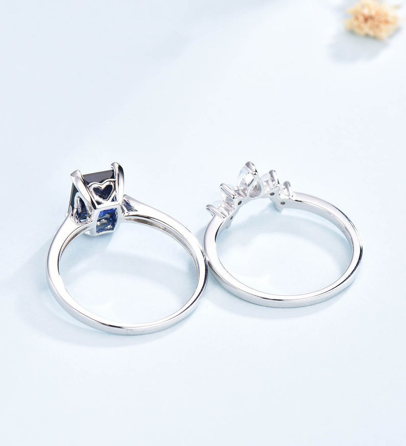 Solitaire Blue Emerald Sapphire Moonstone Engagement Ring Set - 2 Piece Wedding Band for Women, Vintage Bridal Jewelry | Perfect for Proposals, Anniversaries & Special Occasions