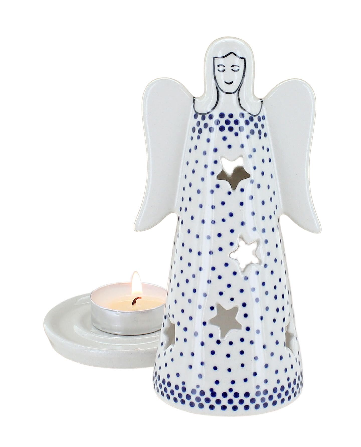 Handmade Blue Rose Polish Pottery Luminary with Small Dots & Angel Design - Perfect for Home Decor, Wedding Centerpieces & Holiday Gifts