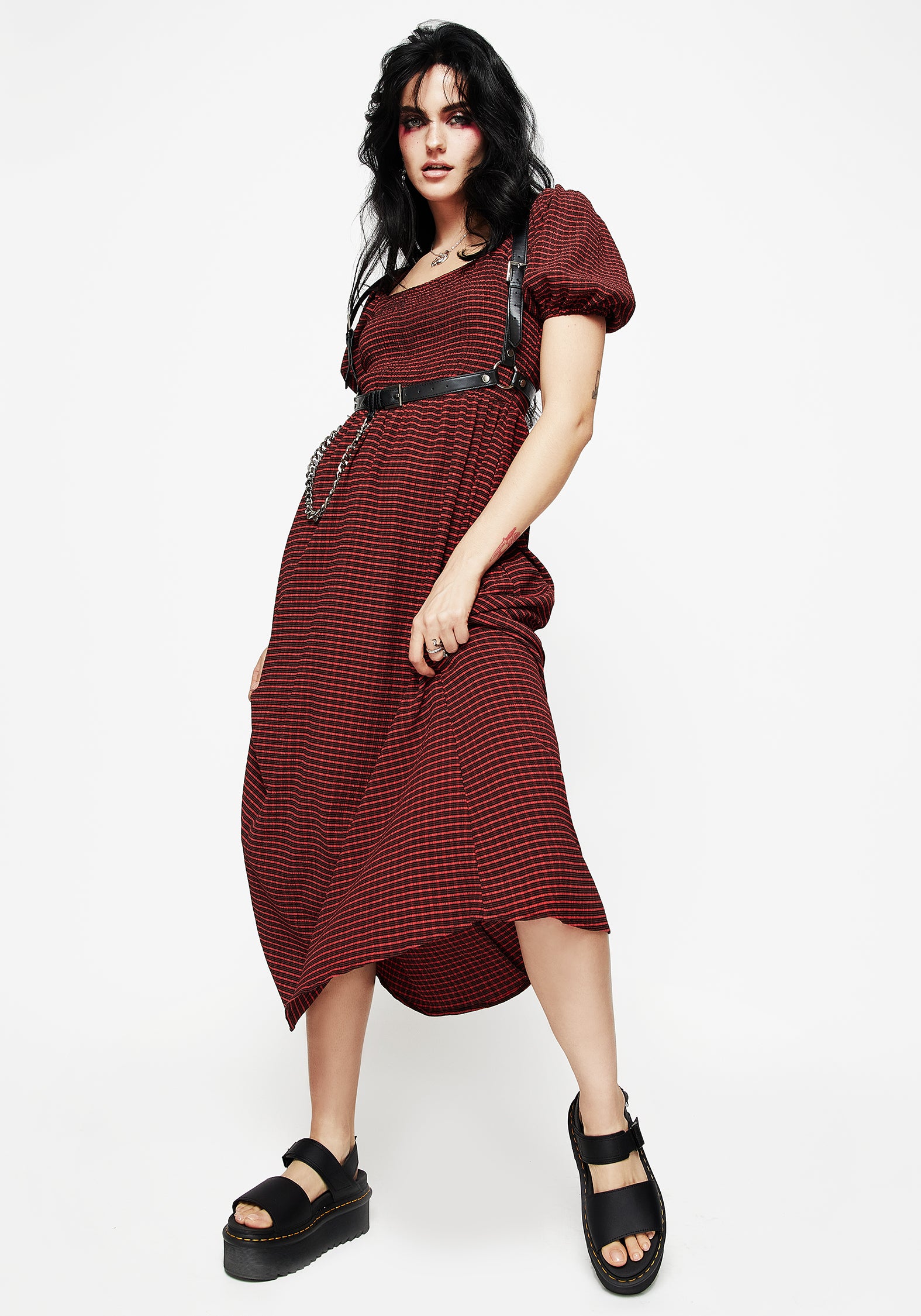 Carmine Check Midaxi Smock Dress for Women - Flowy Boho Summer Dress with Puff Sleeves - Perfect for Beach, Vacation & Casual Outings
