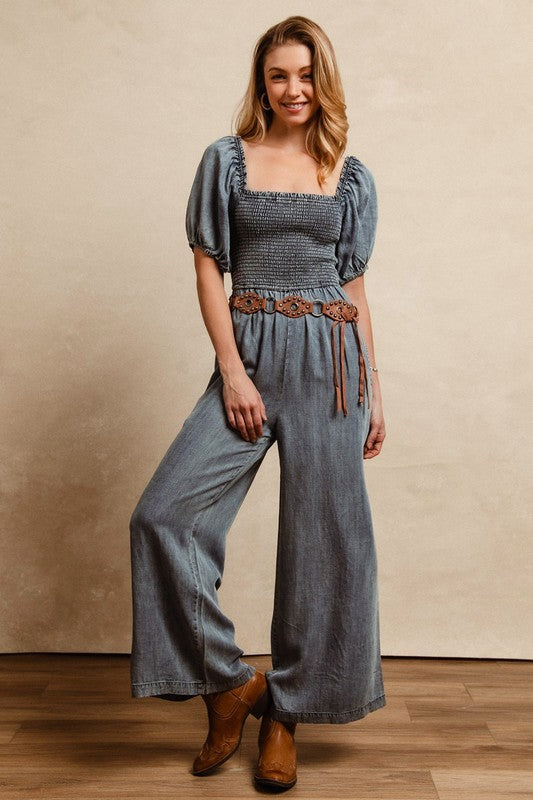 Women's Puff Sleeve Square Neck Denim Jumpsuit - Casual Chic Romper for Spring Summer Outfits | Perfect for Date Night, Brunch & Vacation